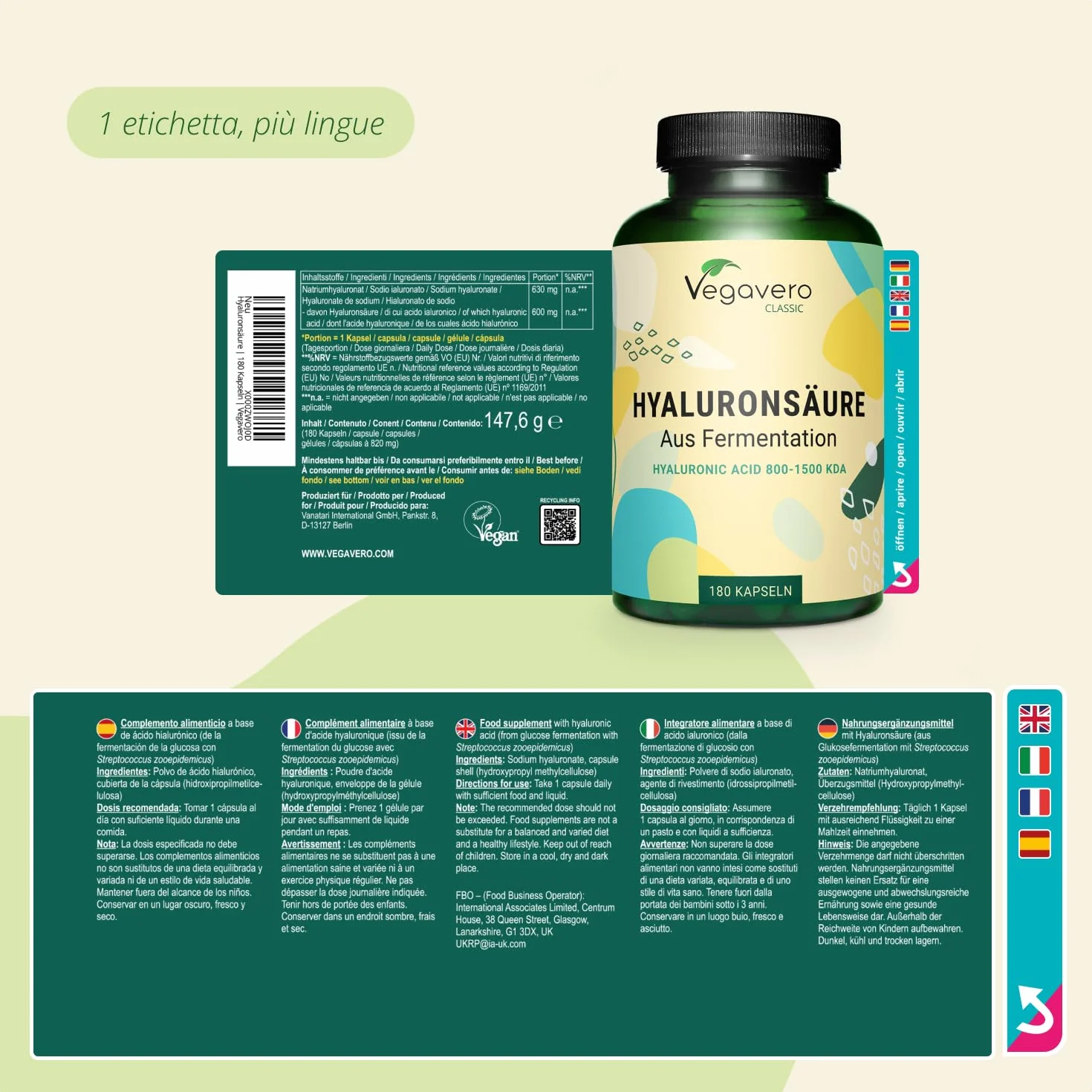 Vegavero® Kwas Hialuronowy 600 mg 800-1500 kDa 180 kapsułek Naturalny Wegański