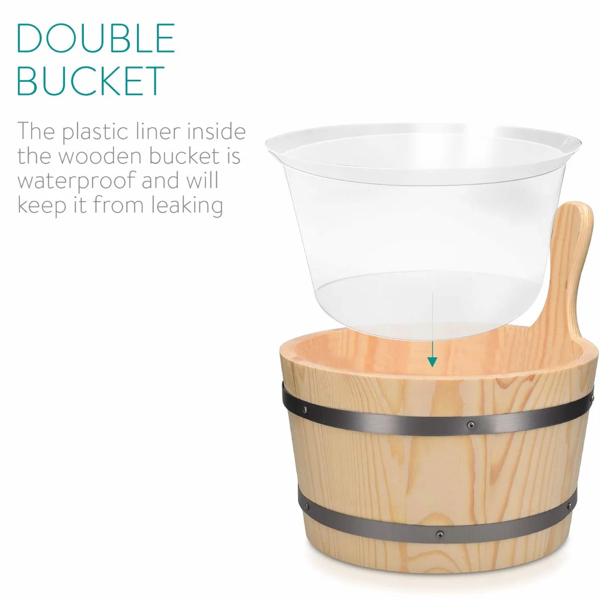 Navaris Secchiello da Sauna in Legno 5 Litri con Inserto in Plastica Mestolo e Clessidra - Set Accessori per Saune