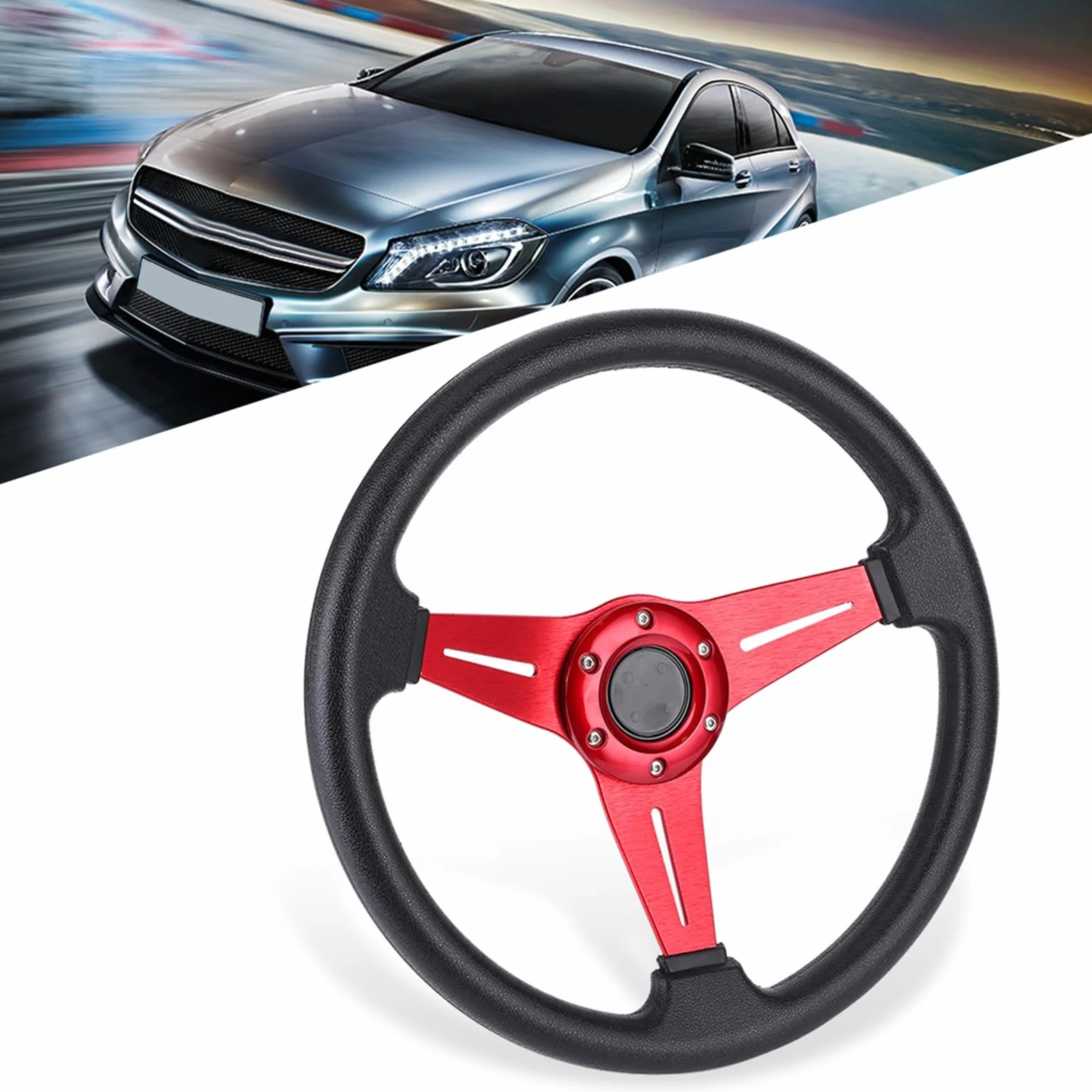 Ausla Volante 14 Pollici, Volante Alla Deriva in Lega di Alluminio PU, Impugnatura Comoda, Facile Installazione per gli Appassionati di Auto (rosso)
