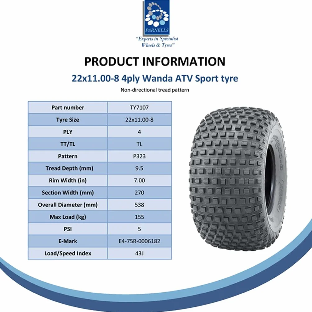 Ruote e Pneumatici Completi 22x11.00-8 2 Set Wanda 4 Strati, 4 Prigionieri 100 mm PCD, Diametro 538 mm, Larghezza 270 mm