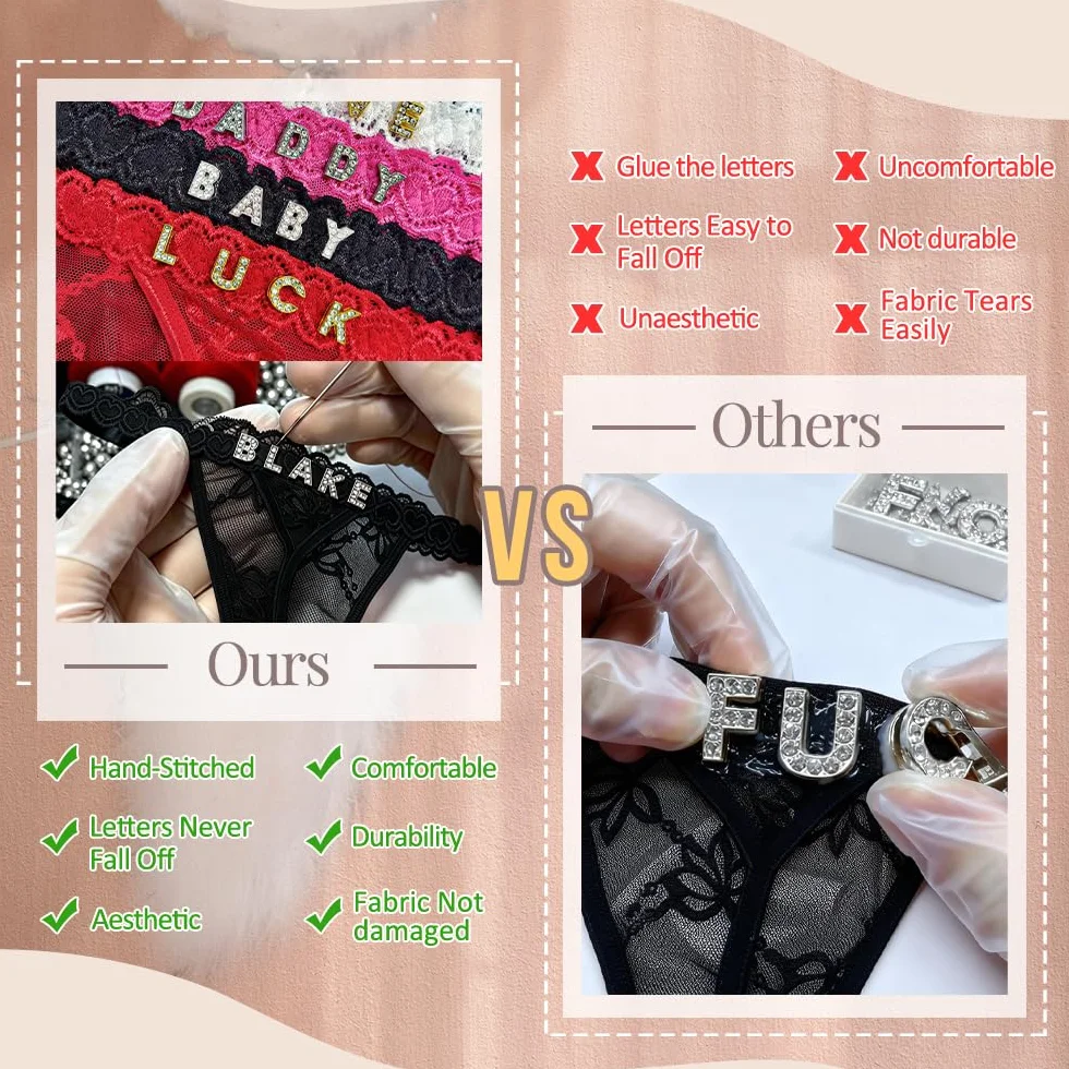 Perizoma Personalizzato con Nome e Strass, Intimo Donna su Misura, Cucito a Mano, Oro Lucido, Confezione da 4