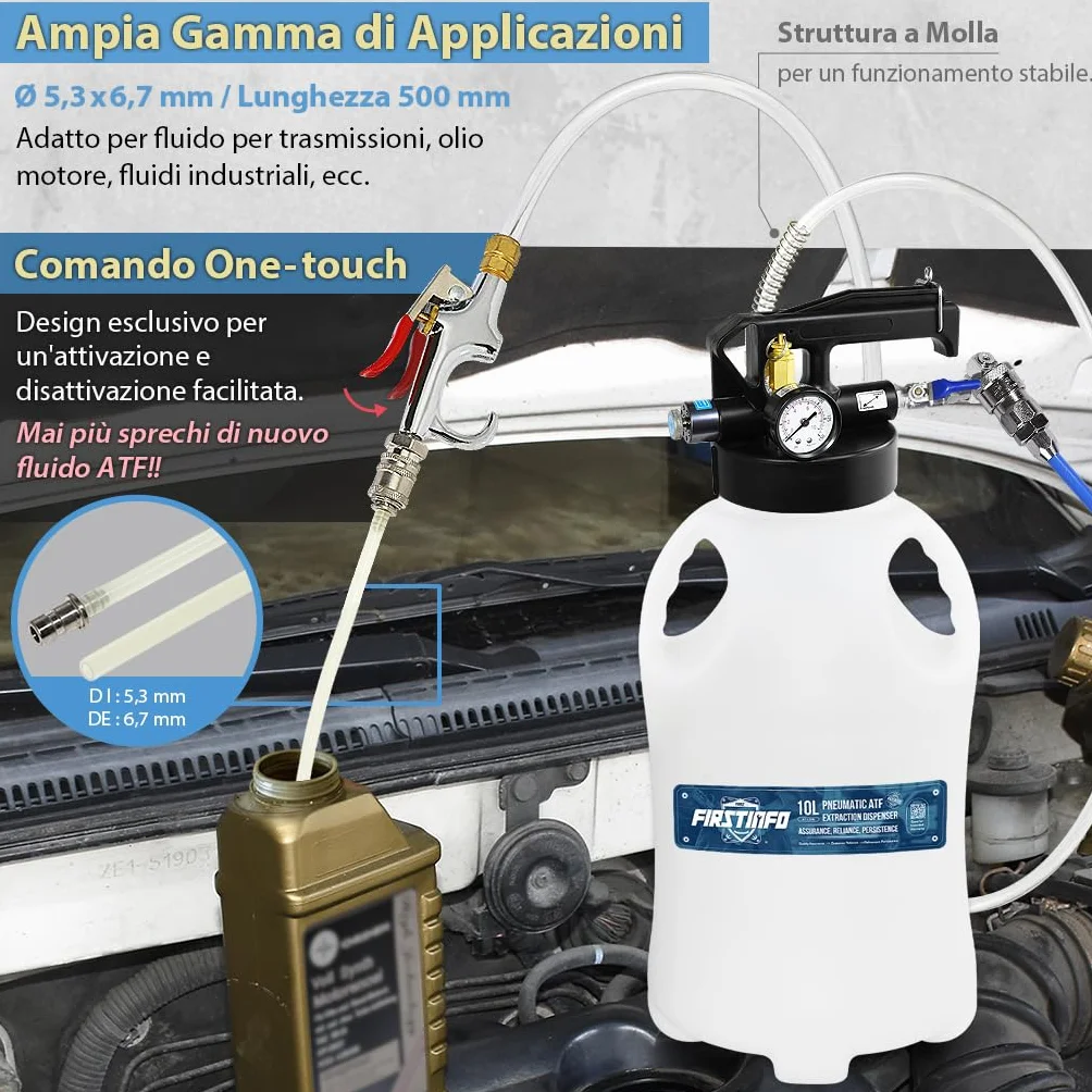 FIRSTINFO Kit Pneumatico ATF 10L per Riempimento e Aspirazione Olio Cambio Automatico, Pompa Cambio Olio Trasmissione con 14 Adattatori ATF, Attrezzatura Professionale Officina A1135NEU