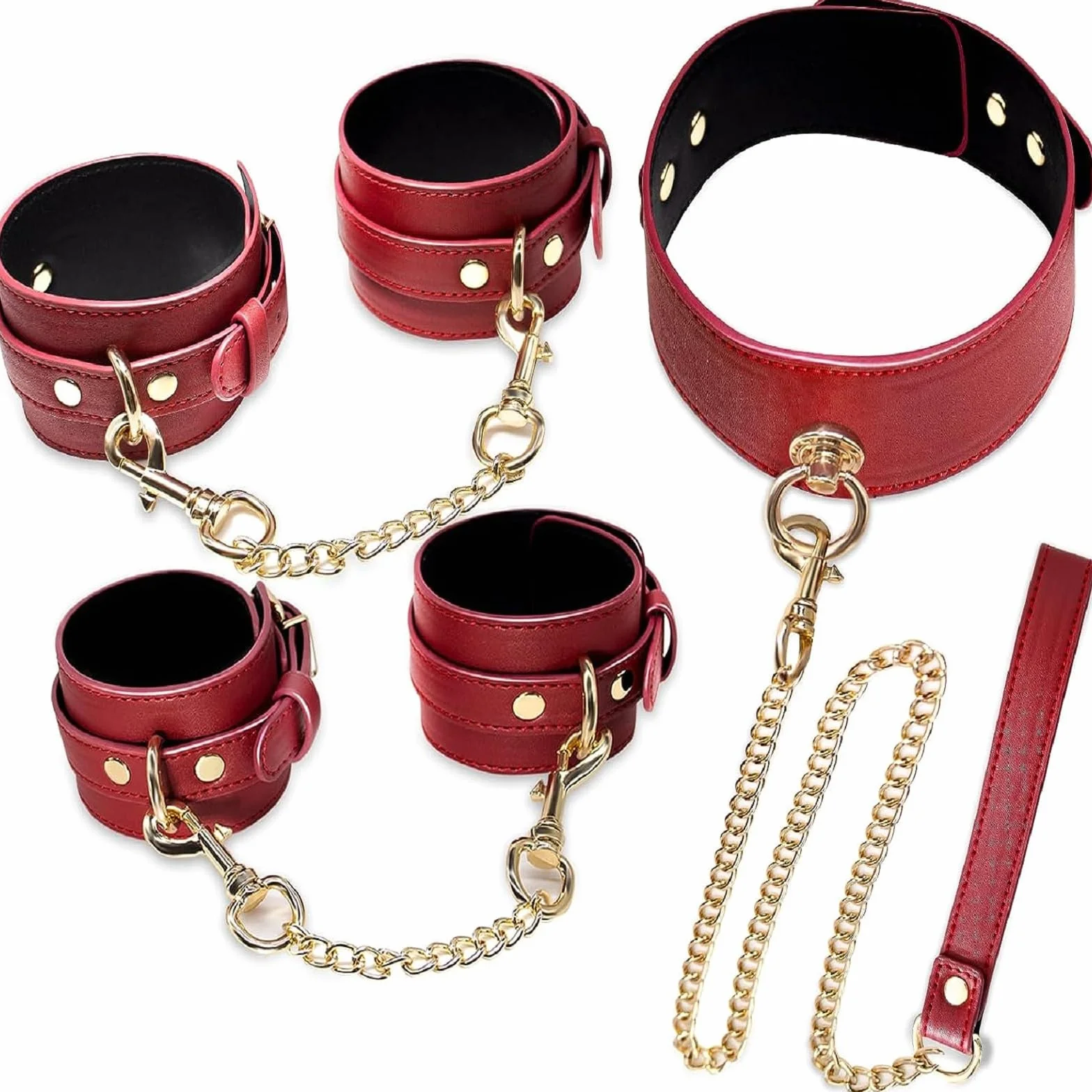 BDSM Bondage Kit Manette in Pelle Regolabili per Mani e Caviglie con Collare e Guinzaglio per Donna