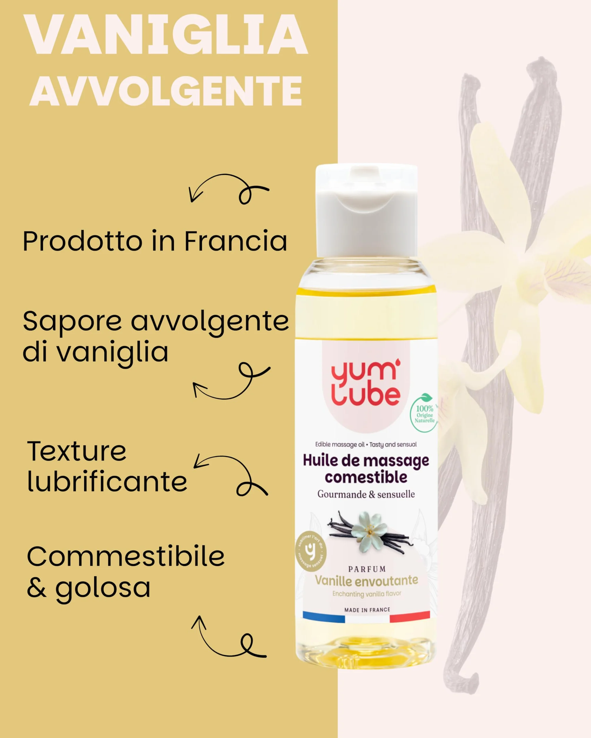 Yum'Lube Olio Massaggio Sensuale Lubrificante Vaniglia Naturale Bio Comestibile Made In France
