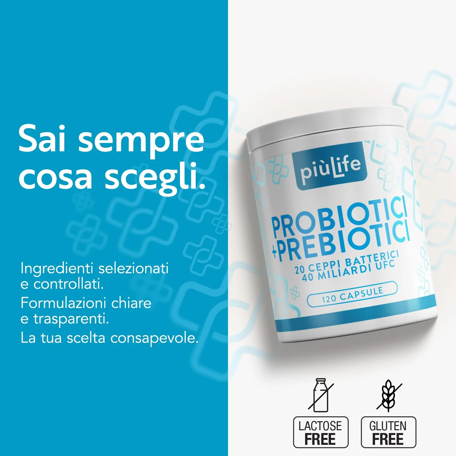 PiùLife Probiotici e Prebiotici 40 Miliardi UFC 20 Ceppi Inulina FOS 120 Capsule