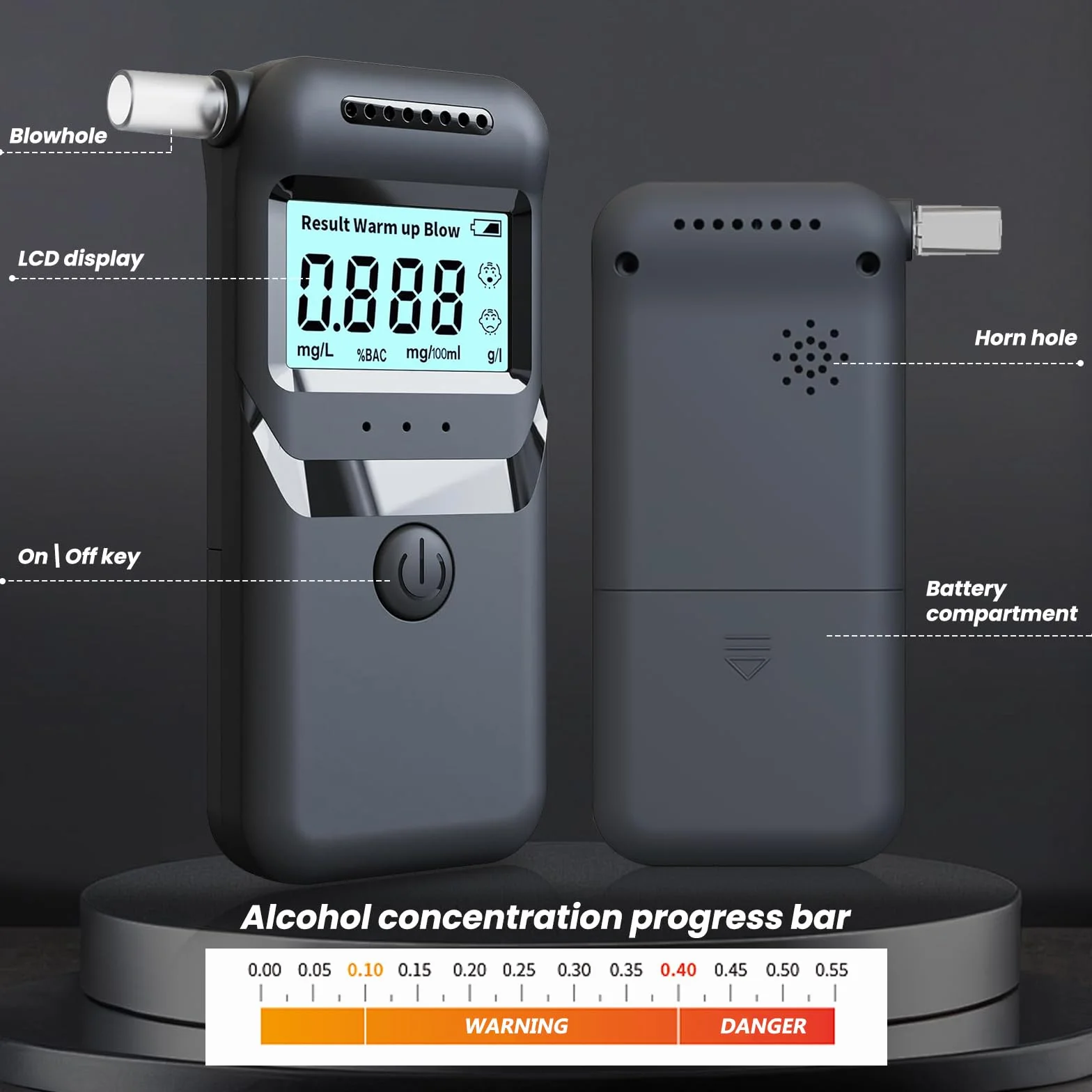 Etilometro Portatile Certificato per Alcol Test, Misuratore di Alcol Professionale Digitale, Sensore Semiconduttore, Display LCDigitale, Misurazione Rapida e Accurata, con 20 Beccucci