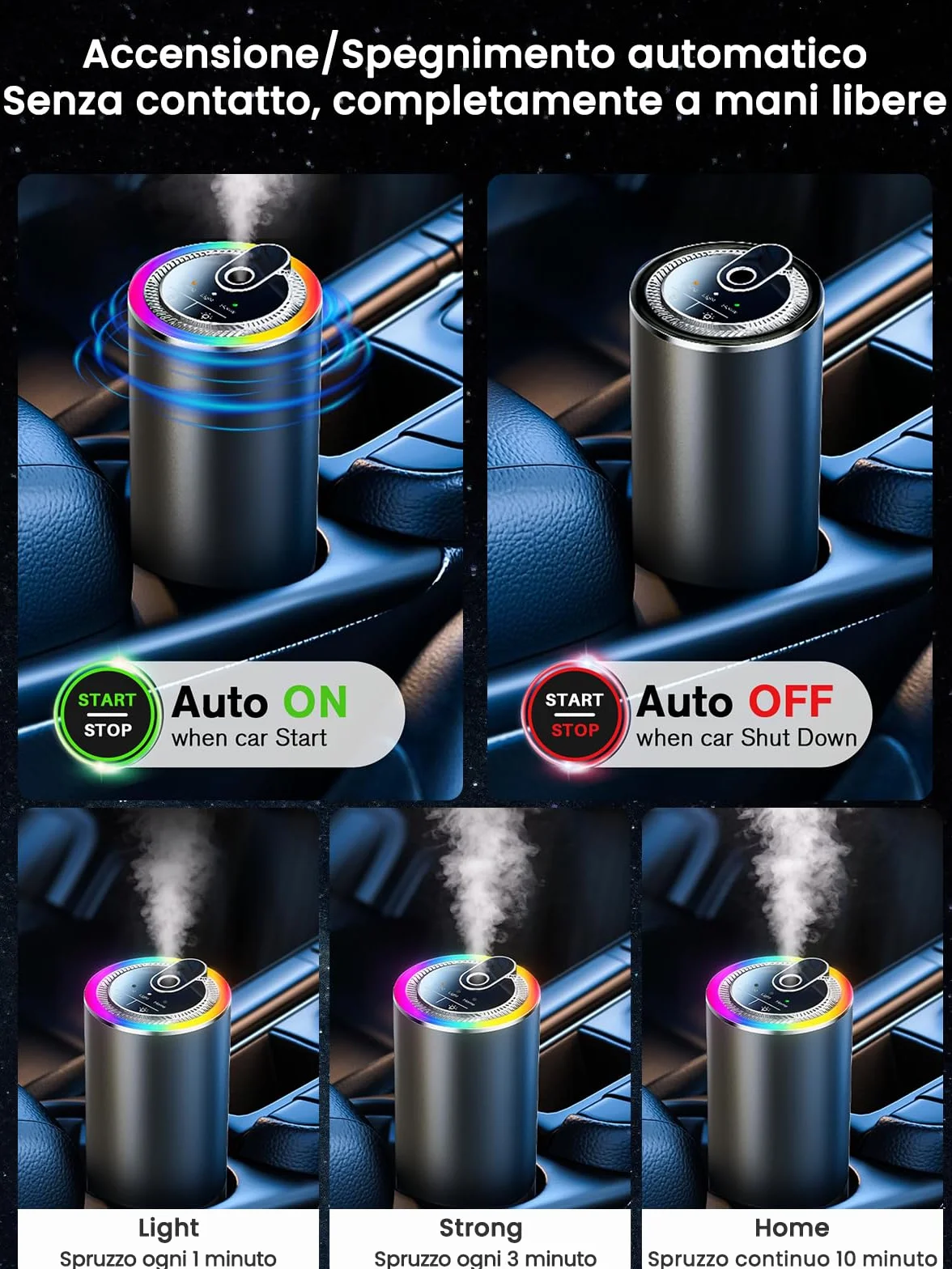 Profumatore Auto Diffusore 50 ml Oceano, Atomizzatore Ultrasuoni RGB Musica Leggera, 3 Modalità Intelligenti, Automatico On/Off, Batteria 1000 mAh