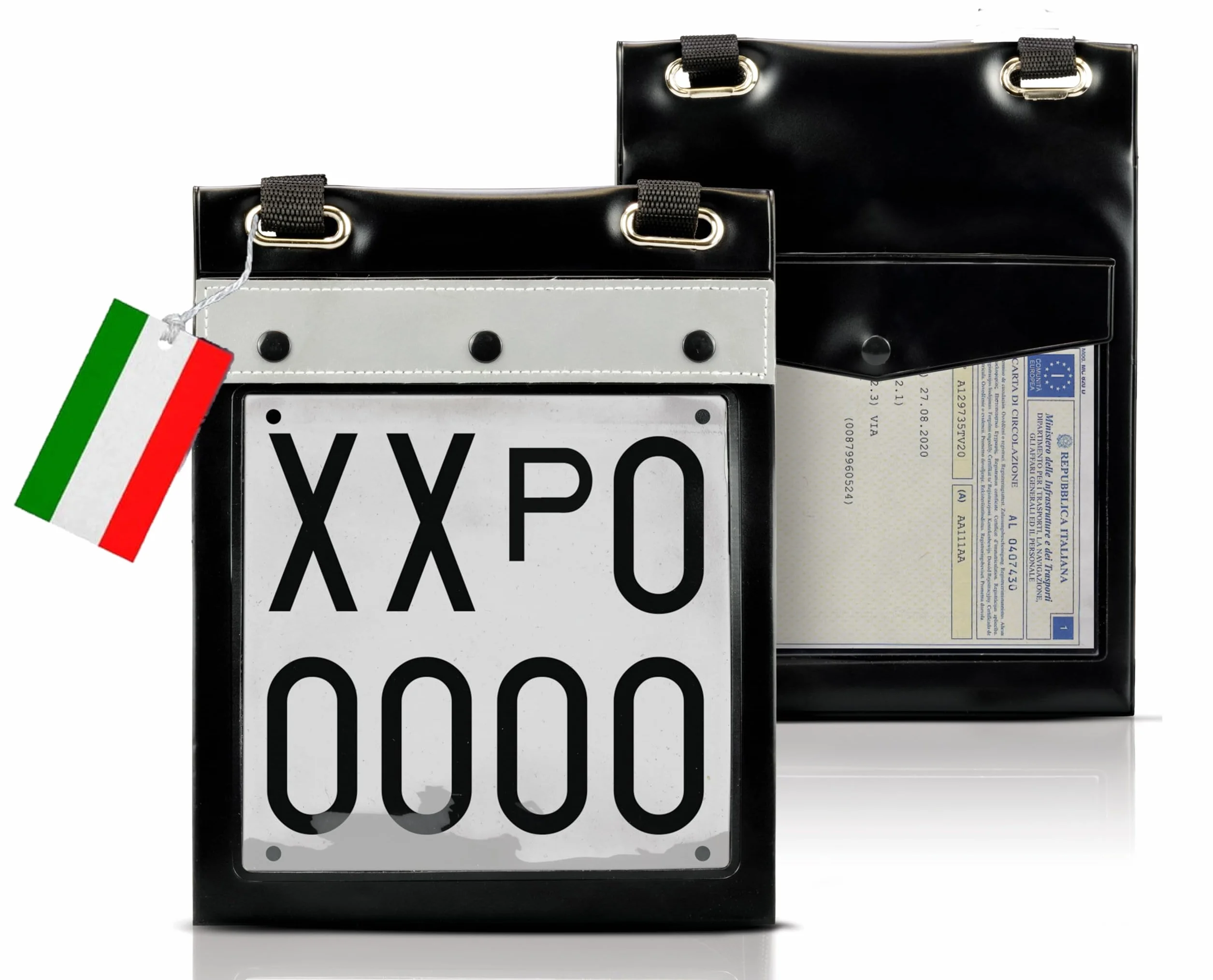 Porta Targa Prova GAMBC® - Universale -25x19 cm - Matricole Italiane - Retro Porta Libretto - Banda Catarinfrangente sul fronte - Per tutti i veicoli - Portatarga prova auto - Custodia per targa prova