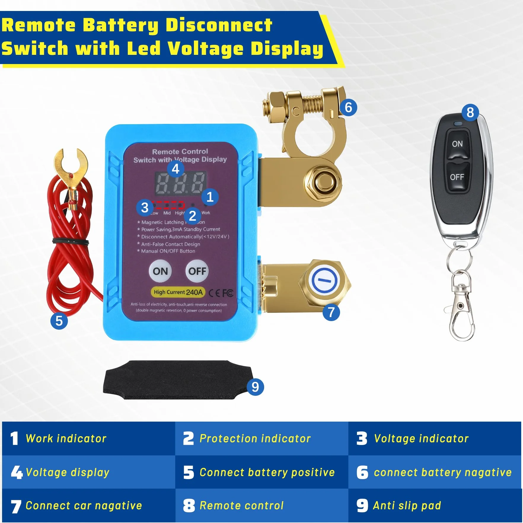 Stacca Batteria per Auto, Stacca Batteria 12v 240A con LED Volt Display e Telecomando, Intelligente Staccabatteria for Auto, RV, ATV, Camion, Barca