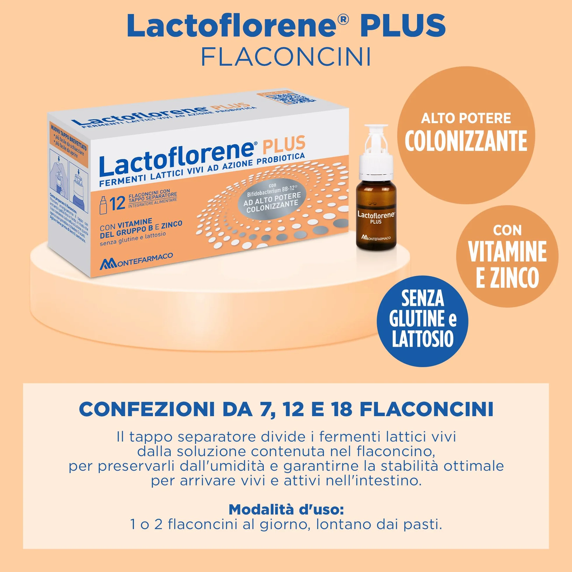 Lactoflorene Plus Integratore Fermenti Lattici Vivi con Zinco e Vitamine B 18 Flaconcini