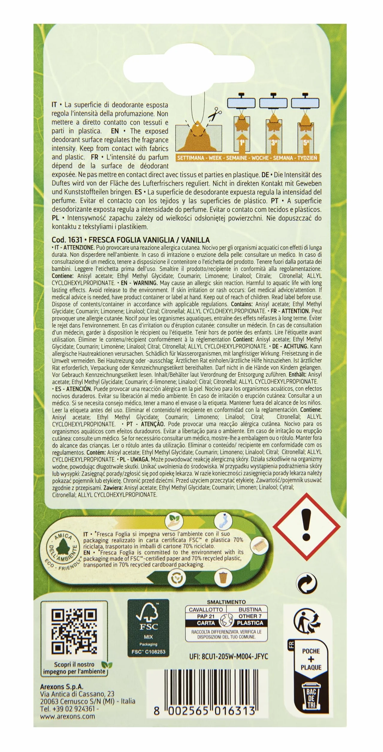 AREXONS 1631 Fresca foglia Classic Vaniglia Profumatore Auto Cartonfeltro con Regolazione