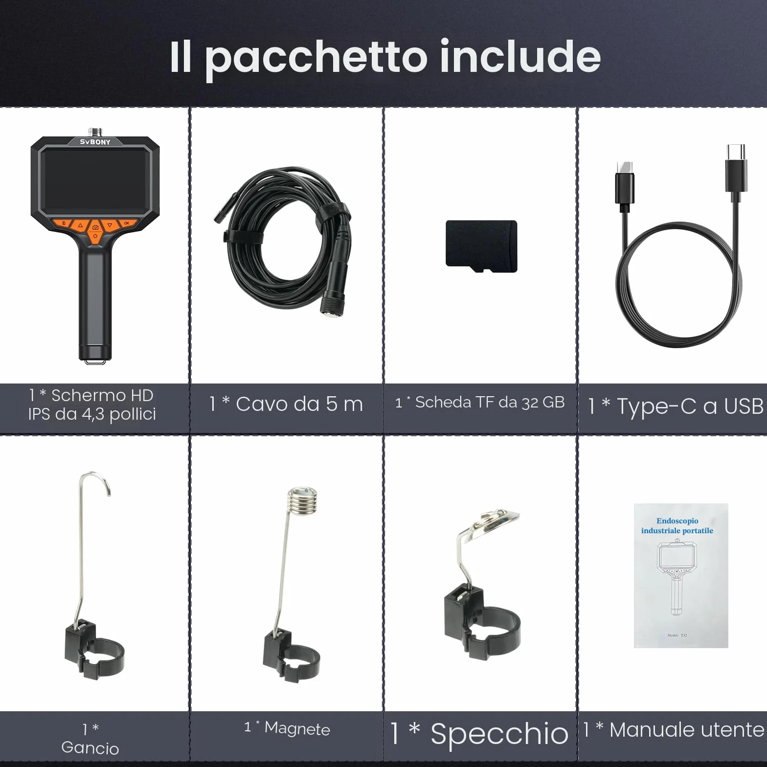 Svbony SM501 Telecamera Endoscopica 4,3'' IPS 32GB HD IP67 8 LED
