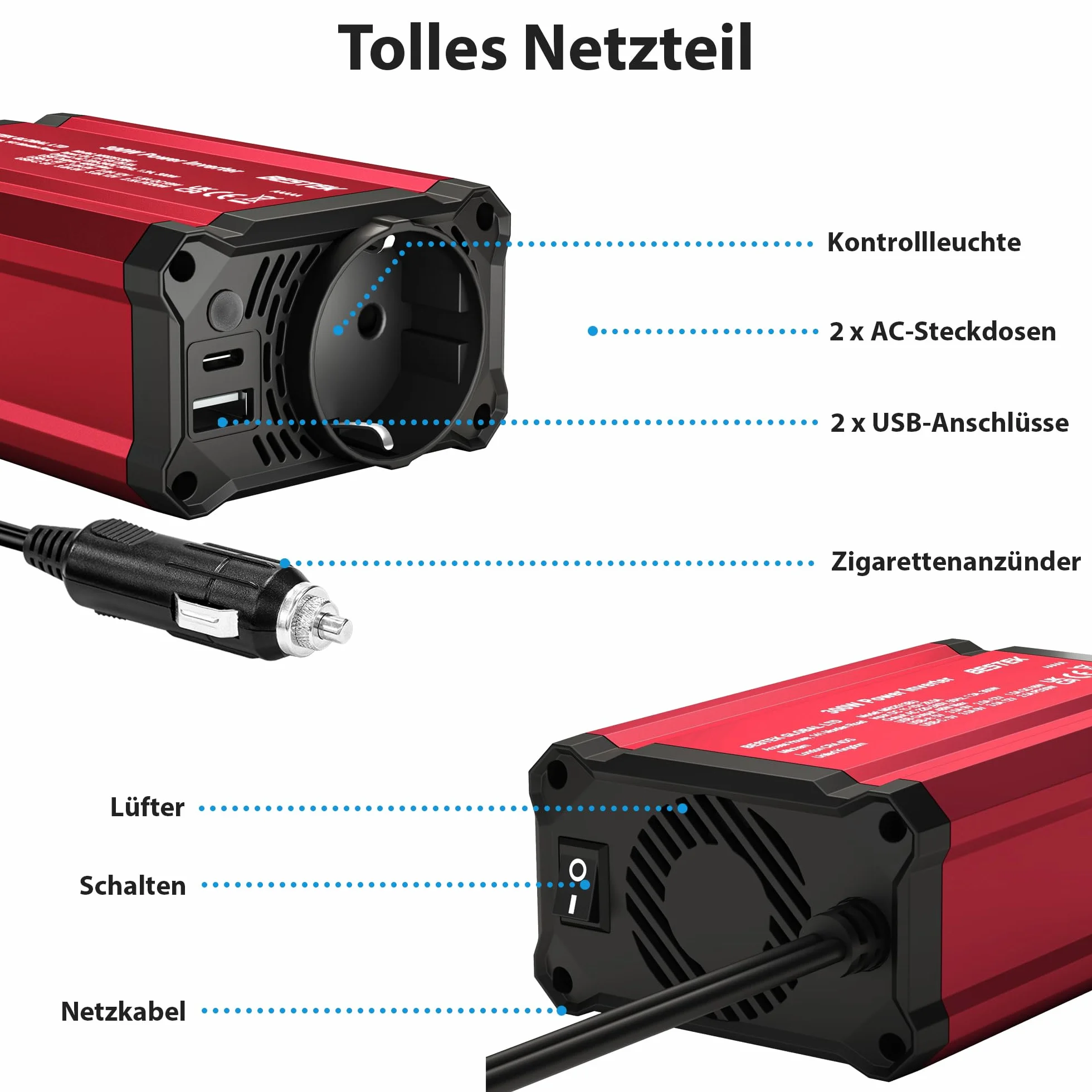 BESTEK 300W Inverter 12V 220V Convertitore Auto USB-C PD 30W USB QC 18W Prise EU