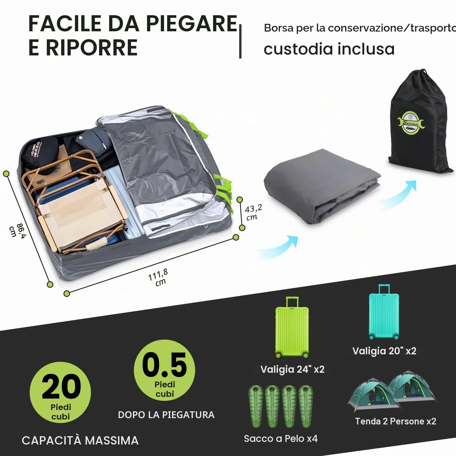 Sailnovo Box da Tetto per Auto Pieghevole 20 piedi cubi Portapacchi Impermeabile Adatto Per Auto Senza Portapacchi con tappetino antiscivolo (Grigio-Verde)