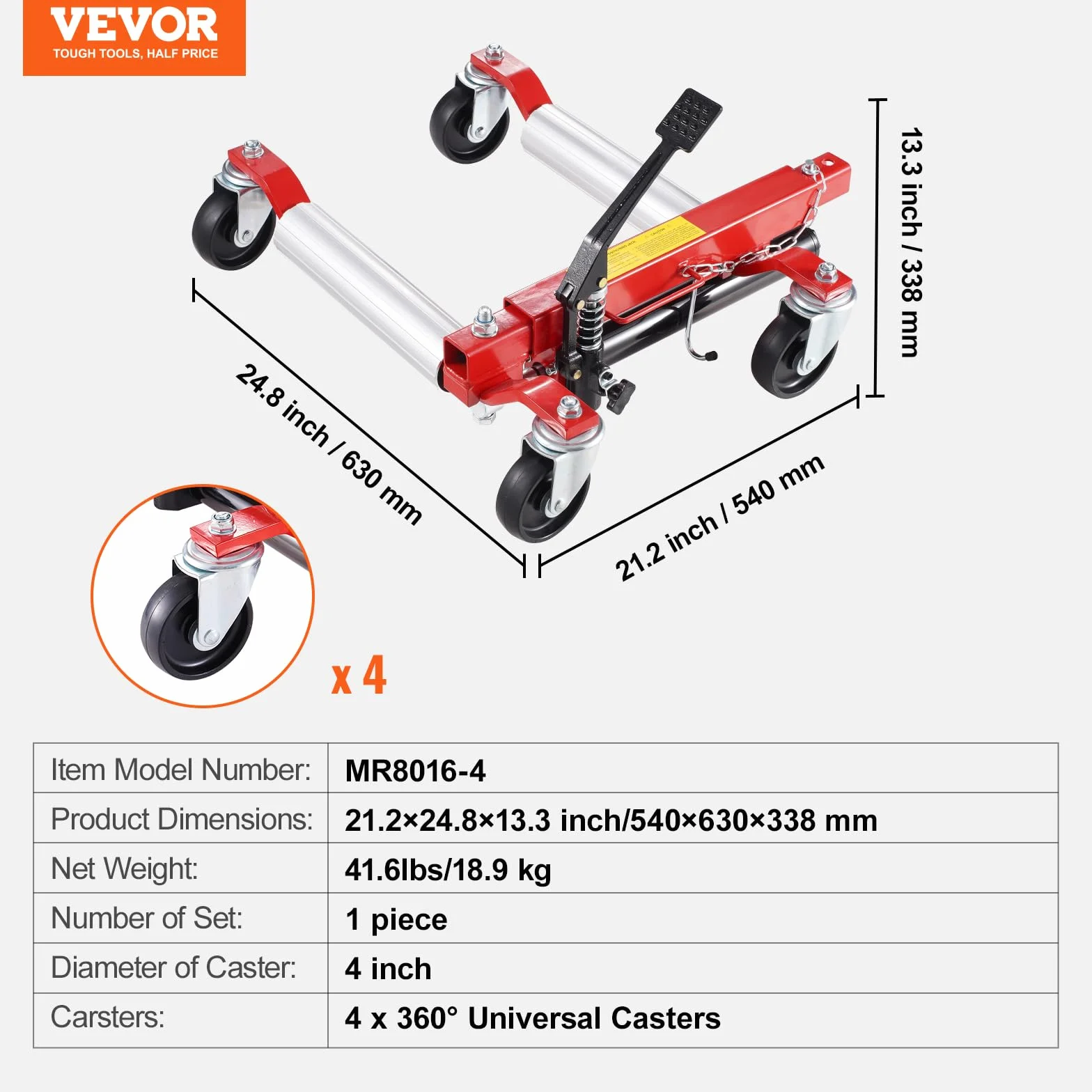 VEVOR Carrello per Ruote, capacità di 680,38 kg Sollevatore per Cric per Auto con Ruote Girevoli a 360°, Cric Idraulico per Posizionamento di Veicoli Pesanti, per Riparazione di Veicoli e Traslochi