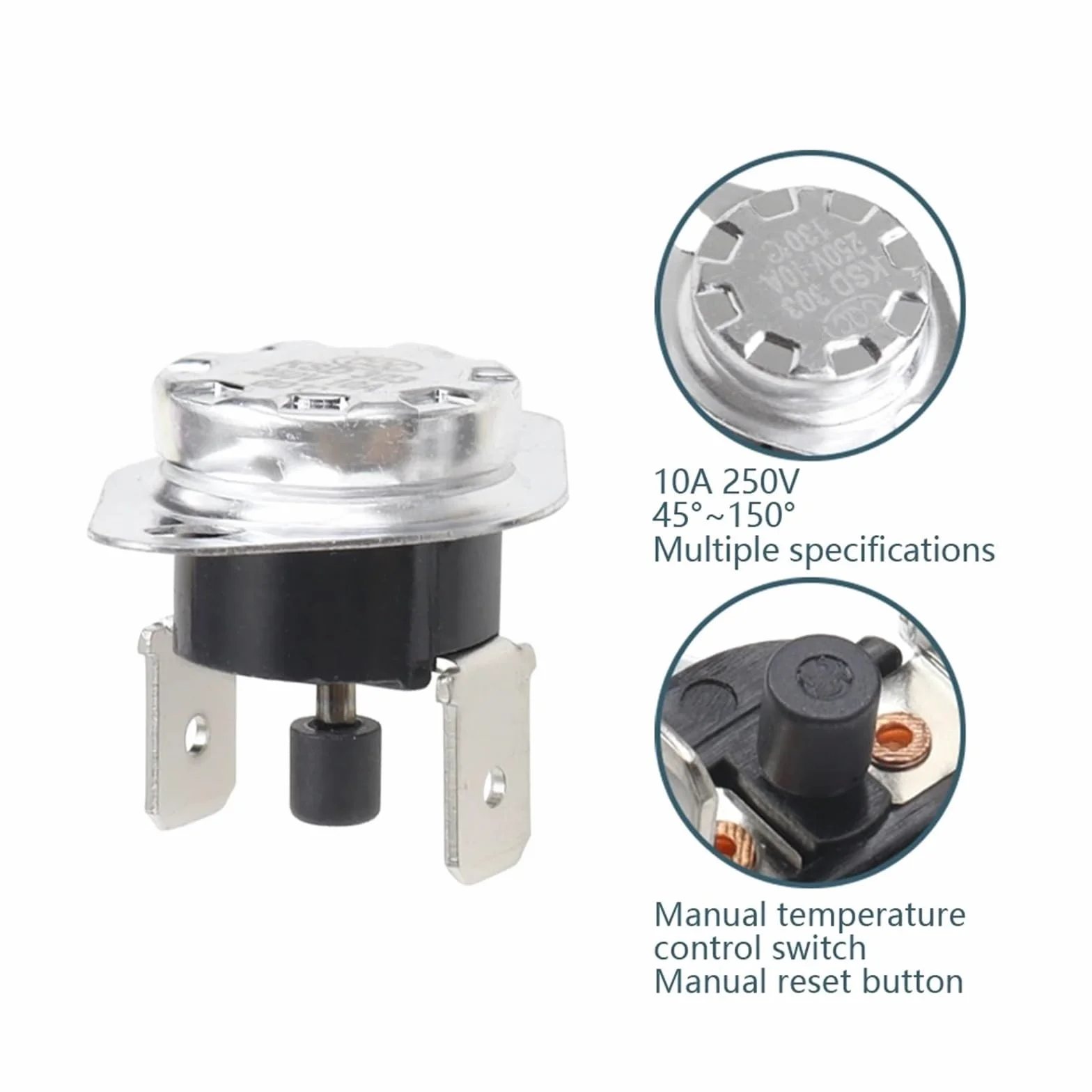 KSD301/KSD303 Termostato a ripristino manuale Interruttore di temperatura - Intervallo regolabile da 45°C a 95°C, Corrente nominale 10 A, Materiale in rame, Certificato CE e RoHS(105C,3PCS)