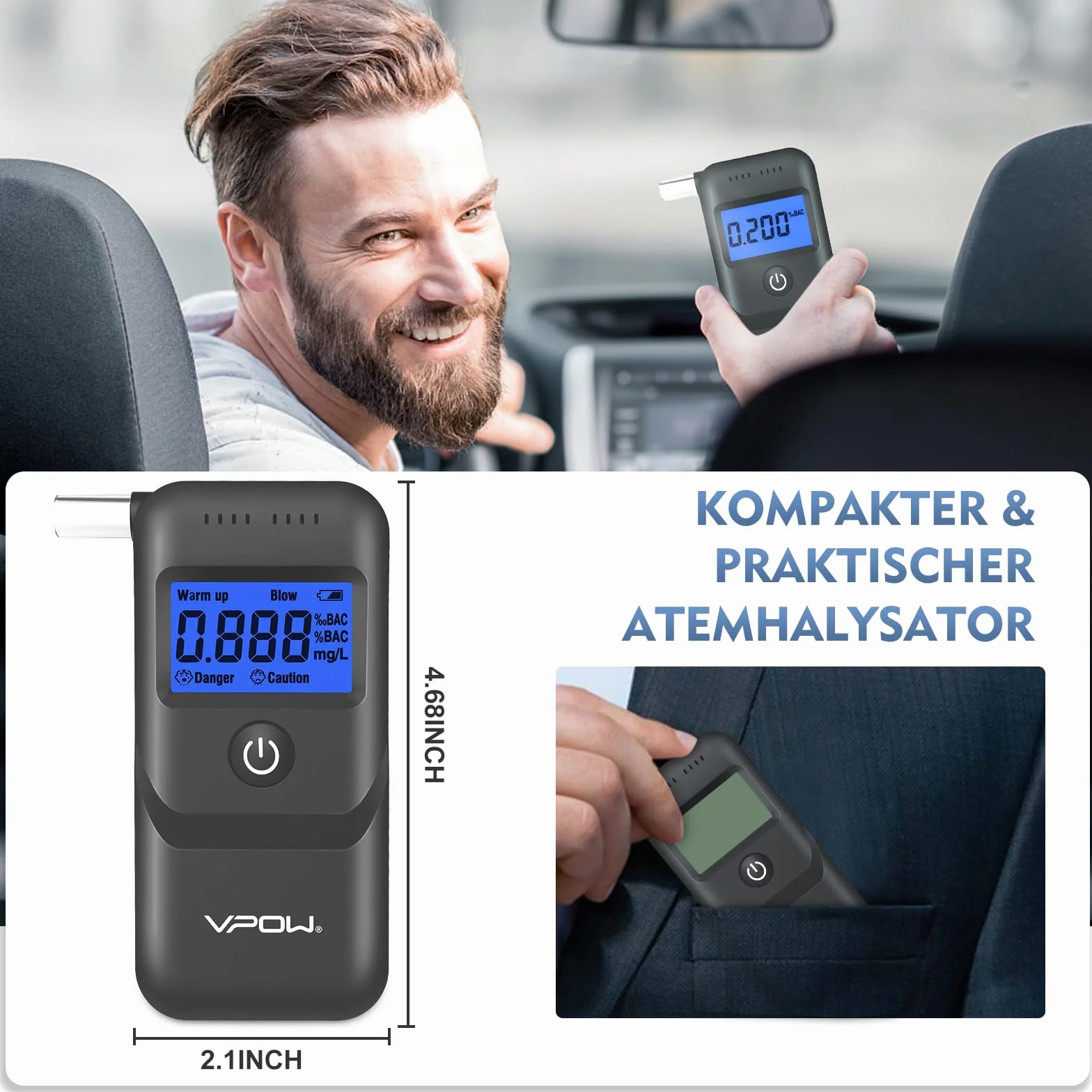 Etilometro Portatile Certificato con Display LCD Blu Digitale, Precisione di Grado per Uso Domestico e Professionale - Grigio