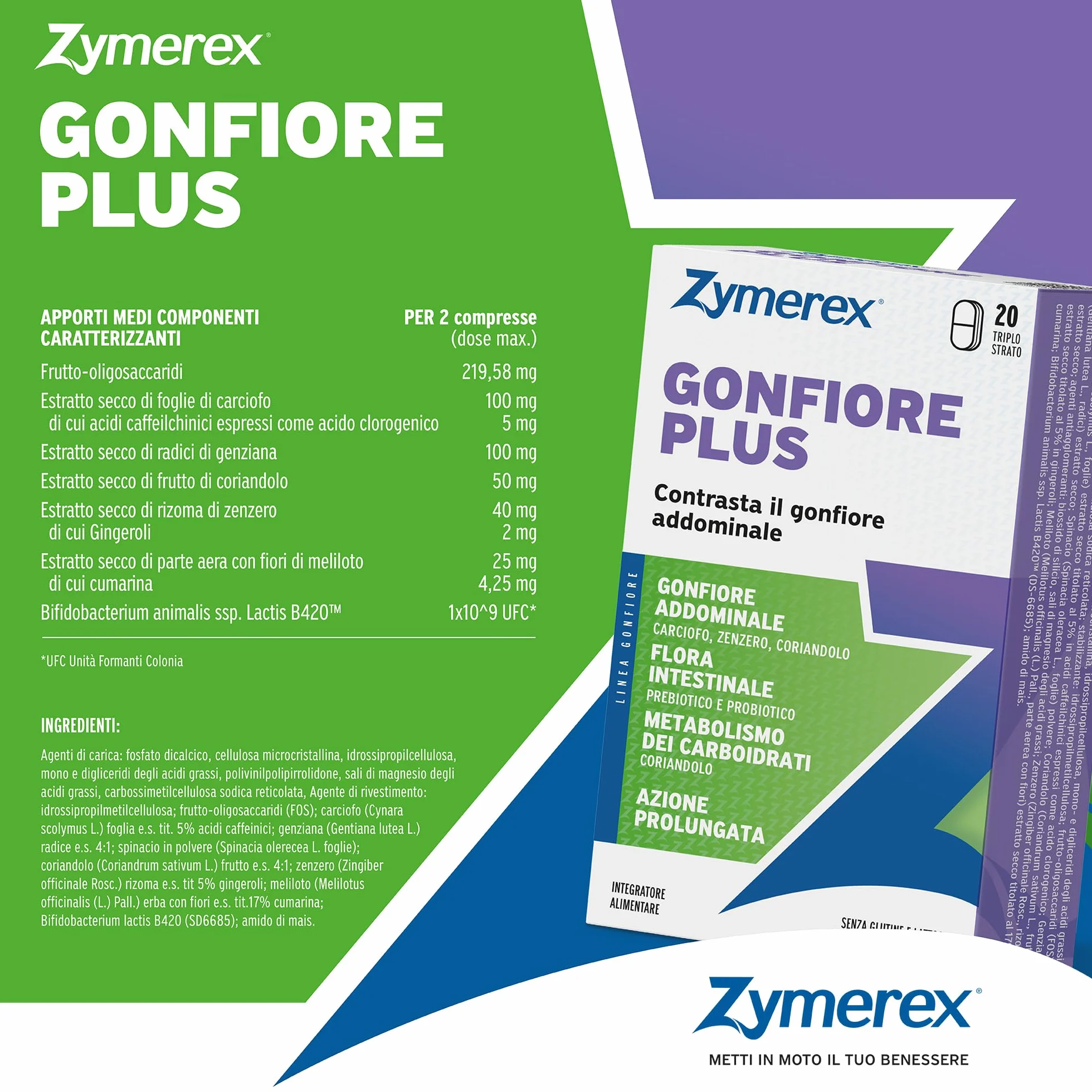 Zymerex GONFIORE PLUS 20 Compresse Integratore alimentare Probiotici e prebiotici