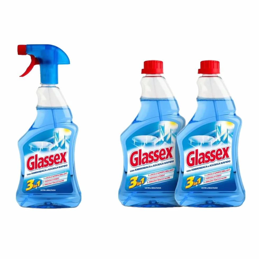 Glassex Ammoniaca e Asciuga Rapido Vetri e Multiuso 500 ml Kit con 2 Ricariche
