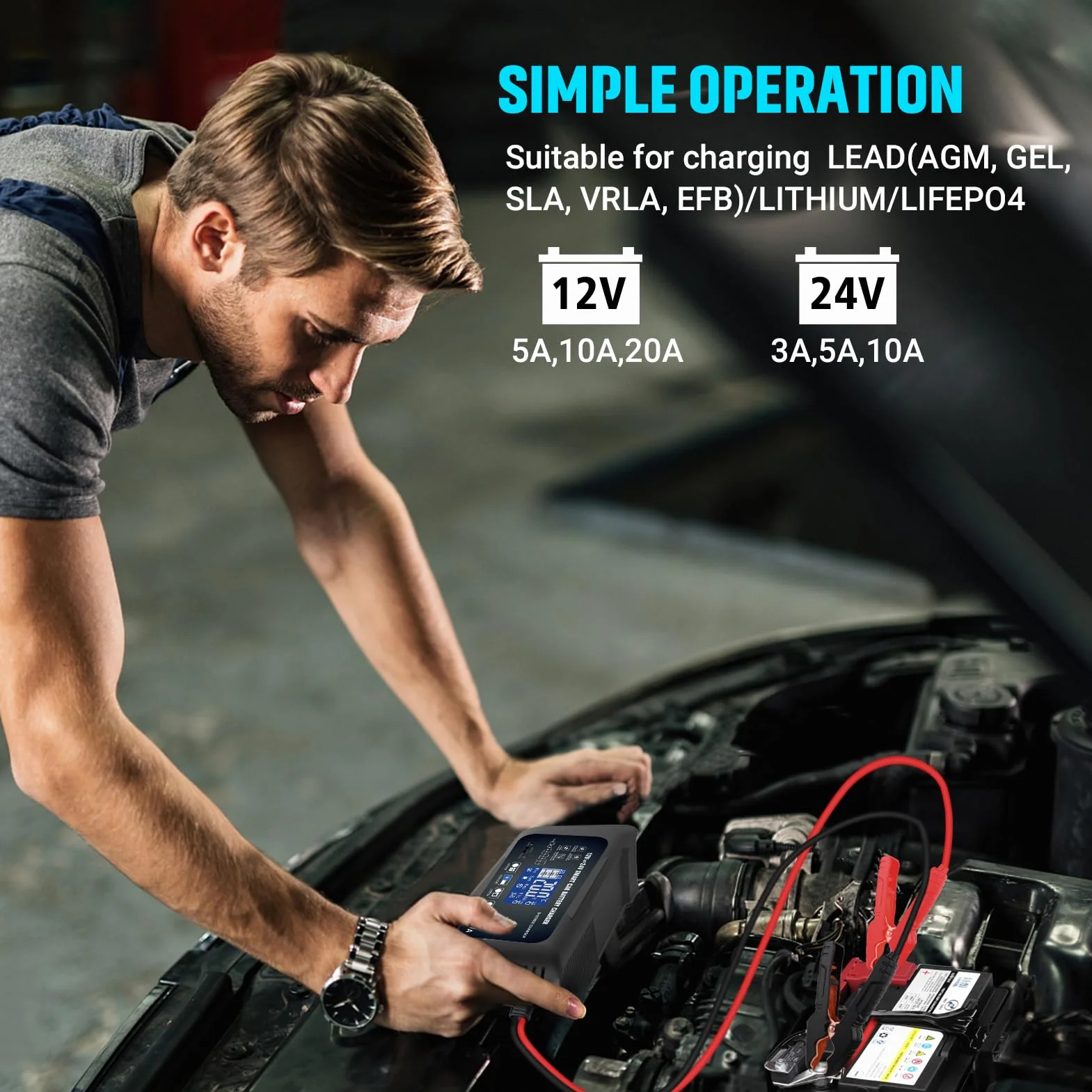 Haisito Caricabatterie da auto da 20 A, 12 V, 24 V, 20 A, caricatore di mantenimento e dispositivo di desolforazione, adatto per litio, LiFePO4, acido piombo (AGM, gel, ecc.) moto, auto, barche