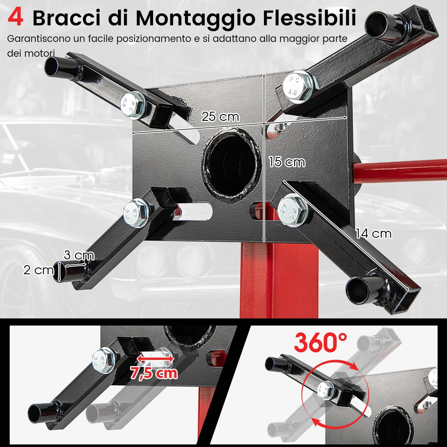 GYMAX Carrello Motore 680kg 3/8 Tonnellate Testa Girevole 360° 3 Ruote 4 Bracci Regolabili Supporto Motore Pesante