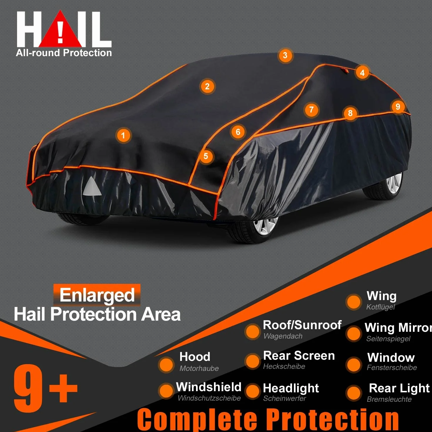 Telo Copriauto Antigrandine, Kayme Copertura per Auto Impermeabile Anti UV Antipolvere Anti Vento, Telo Copri Antigrandine Adatto per Auto a 3 Volumi (da 475 a 495cm) 3XL – Nero