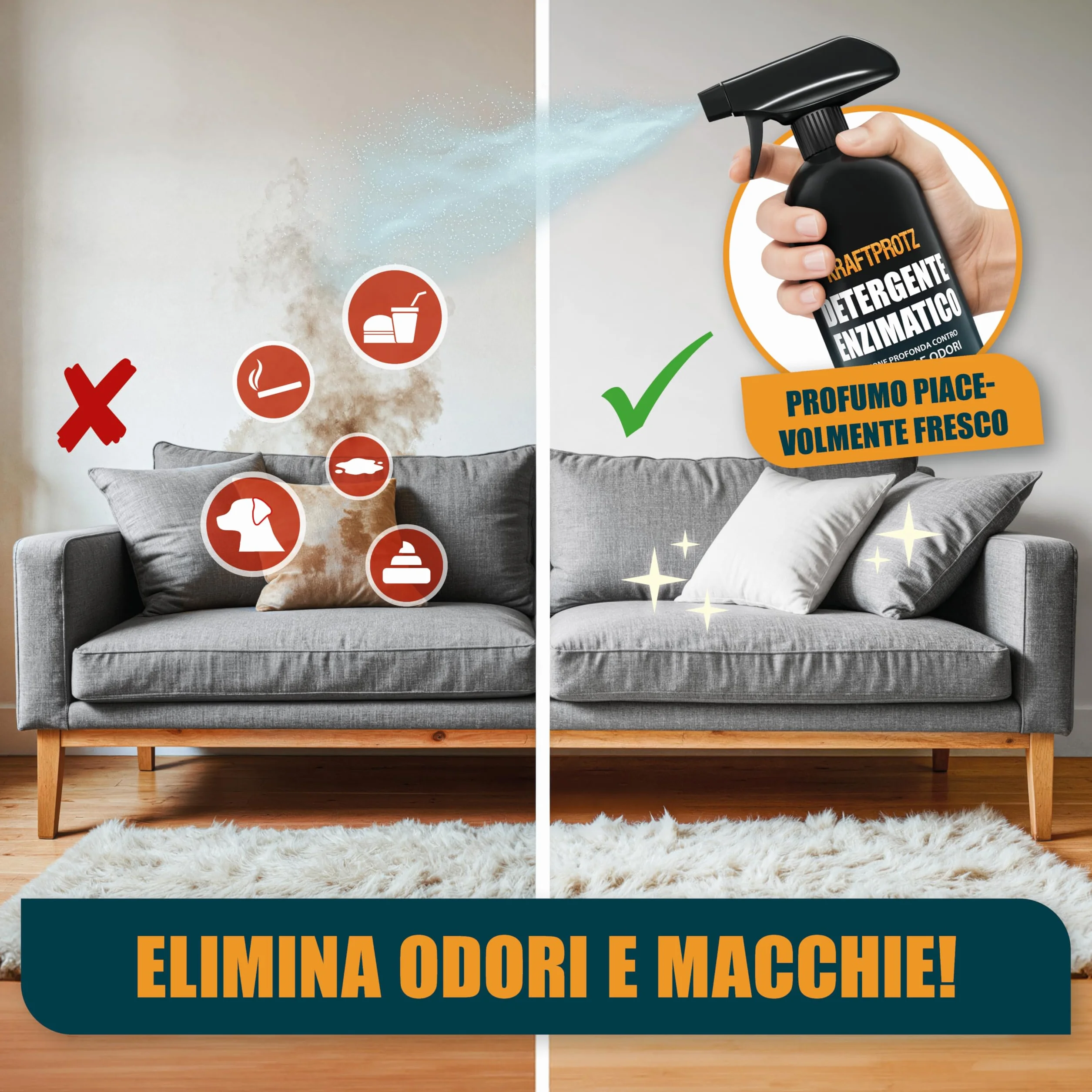 KRAFTPROTZ Detergente enzimatico 750 ml rimuove macchie odori urina sudore tappeti tessuti materassi