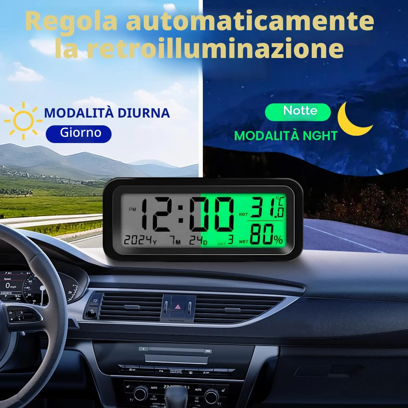 Mini orologio digitale per auto solare 8x3x3,5 cm data temperatura cruscotto blu verde