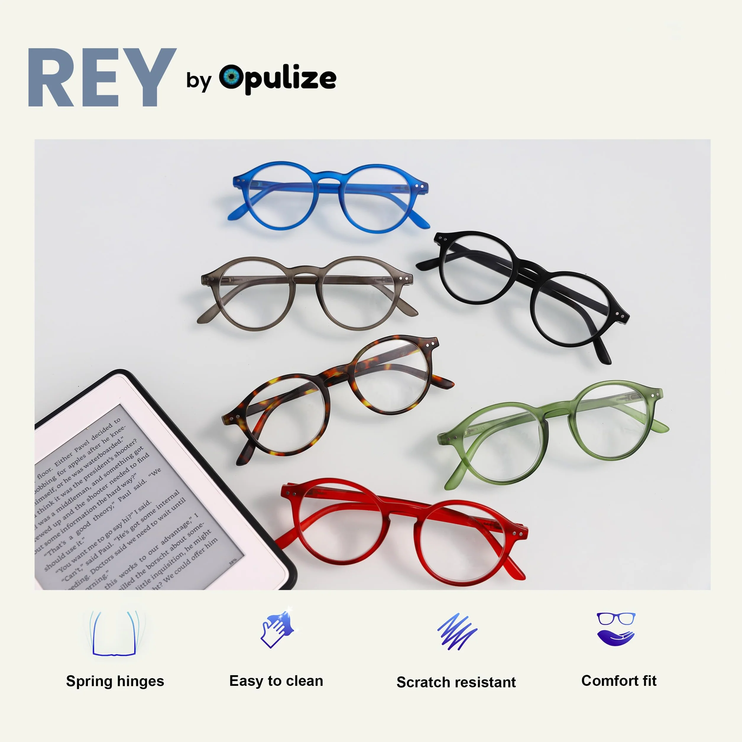 OPULIZE REY Occhiali da Lettura +2.00 Montatura Rotonda Retro Nero Blu Verde Grigio Rosso Uomo Donna Cerniere a Molla Pacco da 5