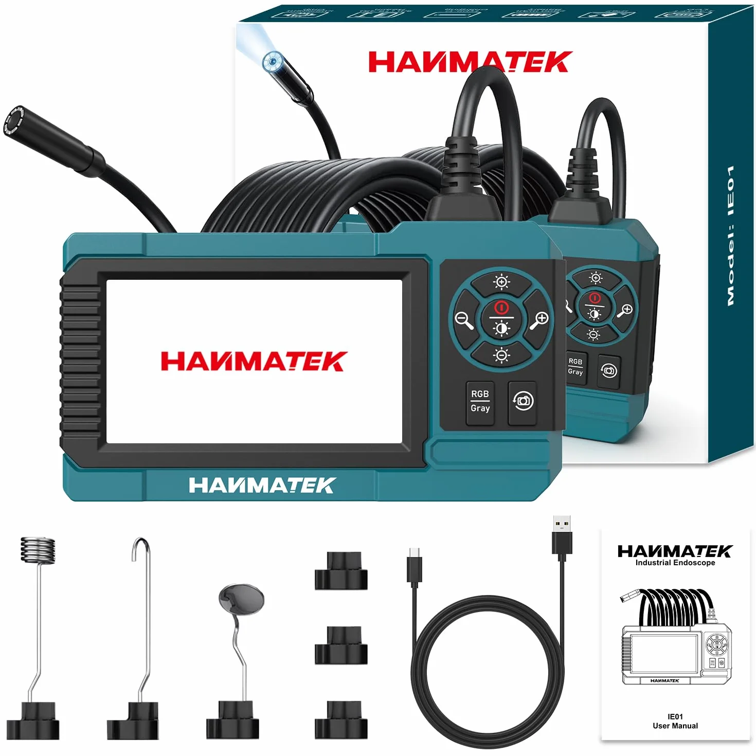 HANMATEK Endoscopio Industriale 8mm 4.3'' 1080P Cavo 5m IP67 8 LED USB-C Rotazione 180° IE01