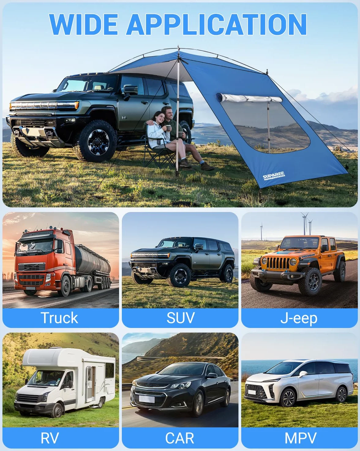 SUPAREE Tenda da Sole per Auto Tendalino Laterale per Auto Tendalino Camper per Parasole con Pali Rimovibile e Finestra con Zanzariera Protezione UV Impermeabile per SUV Camper Furgone Van