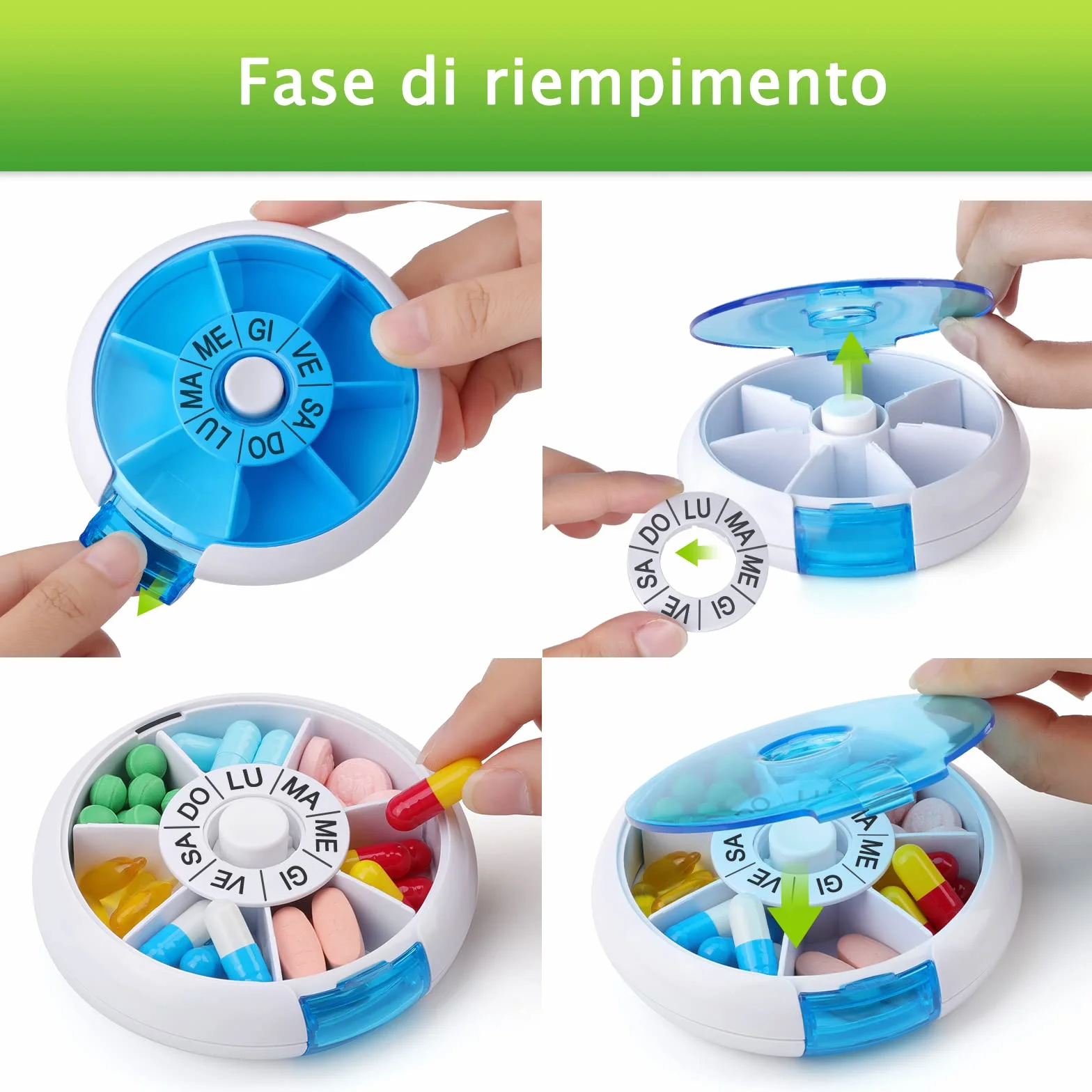 Portapillole Giornaliero Tascabile 7 Scomparti Organizzatore Tondo per Viaggi