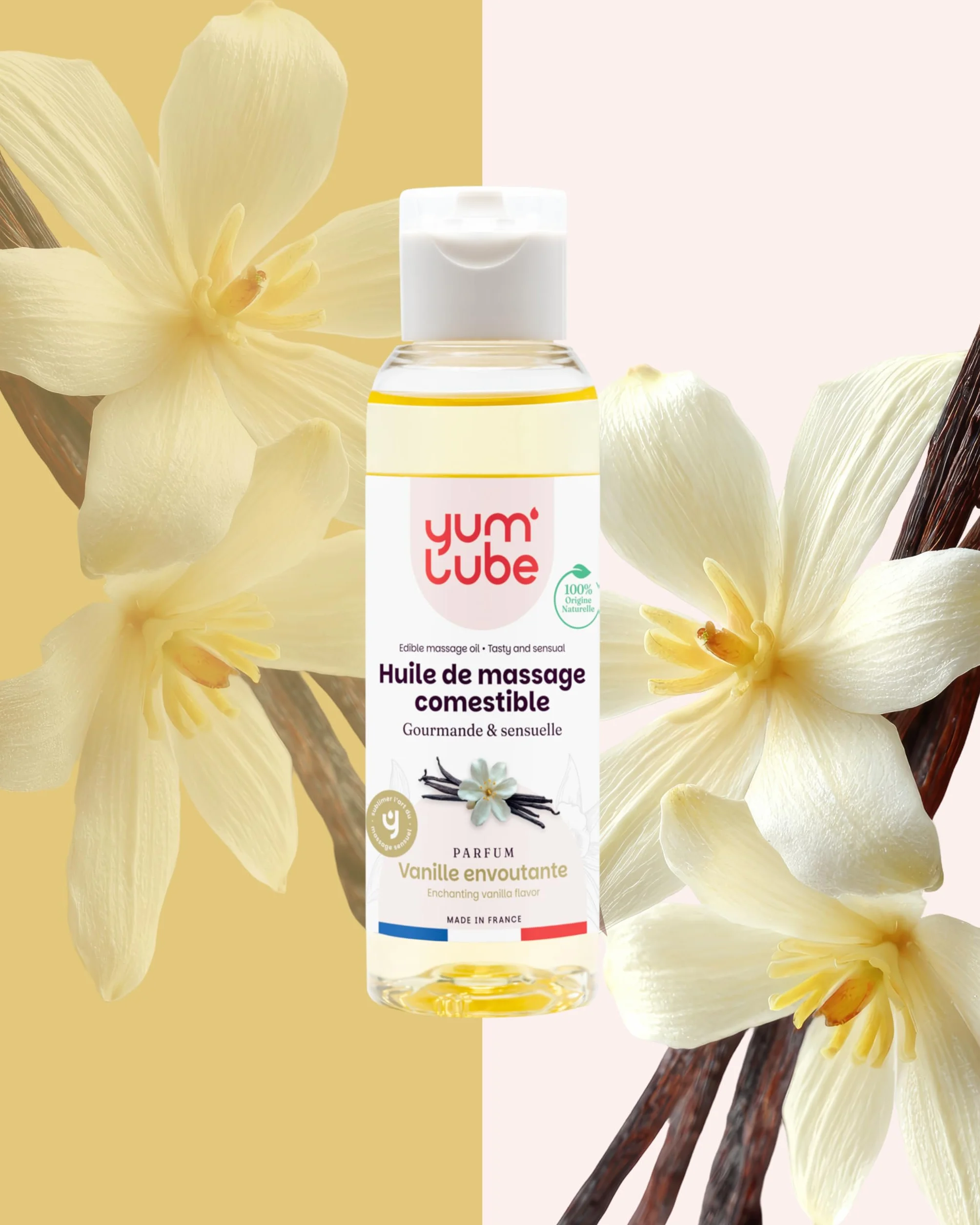 Yum'Lube Olio Massaggio Sensuale Lubrificante Vaniglia Naturale Bio Comestibile Made In France
