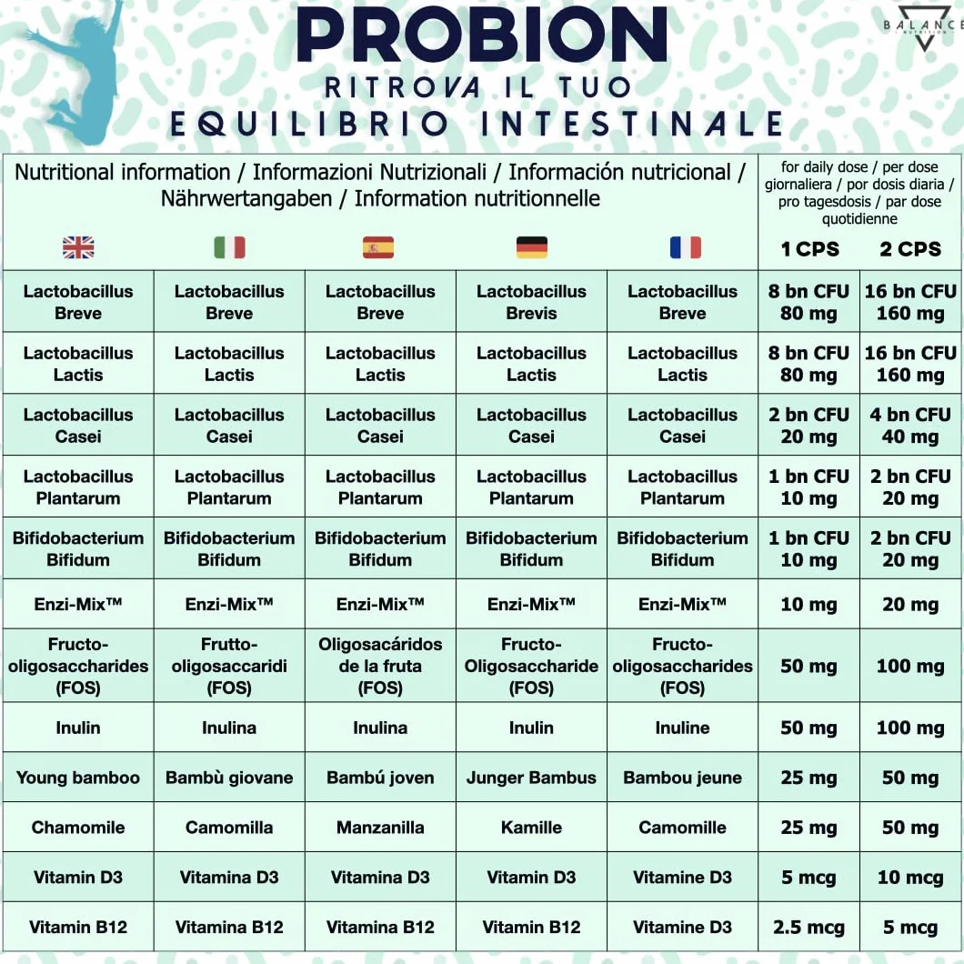 PROBION® Fermenti Lattici Probiotici 40 miliardi CFU Enzi-Mix Enzimi Digestivi Vitamine Bambù Camomilla 30 cps