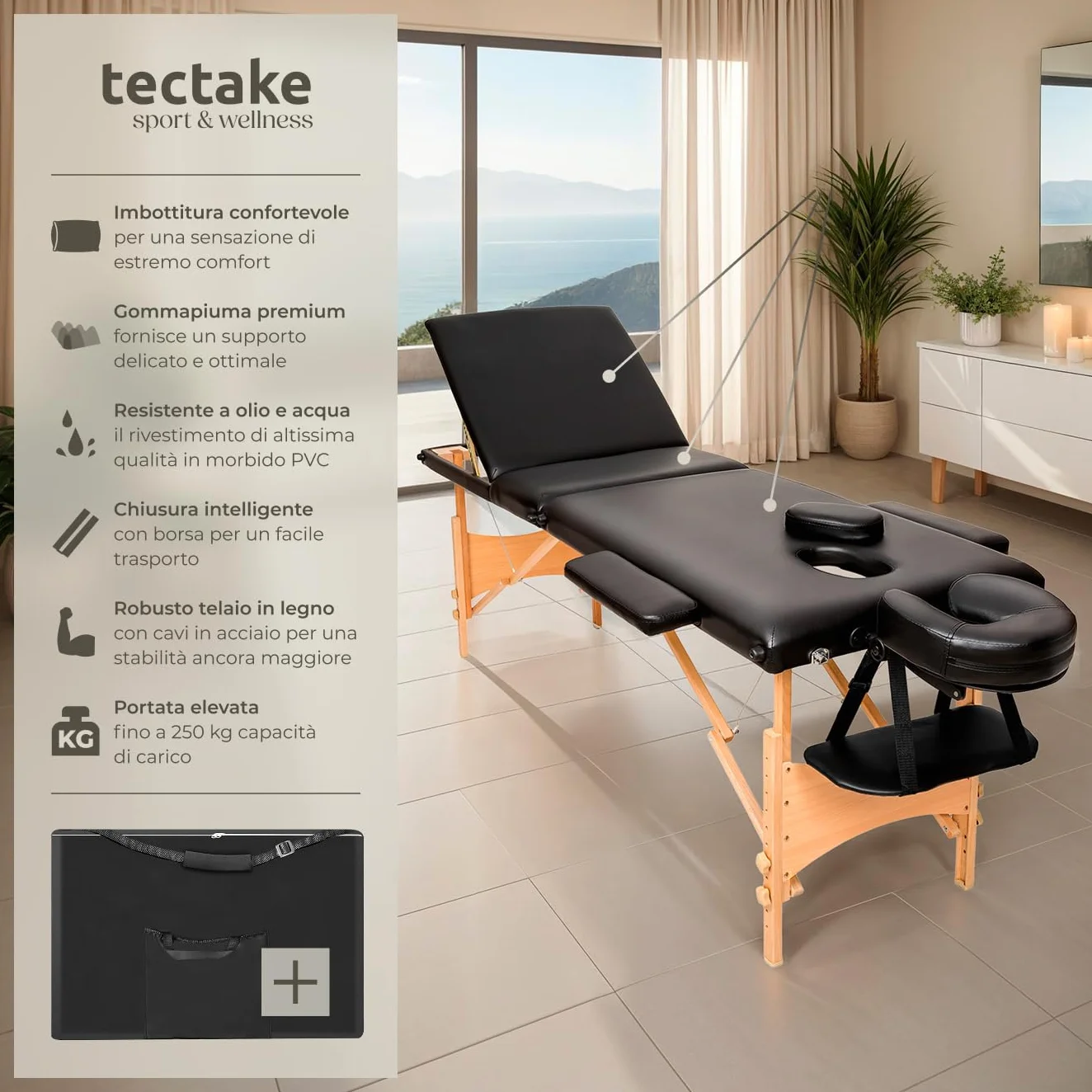 Lettino Massaggio 3 zone Pieghevole Portatile Rivestimento Vinile Idrorepellente Nero