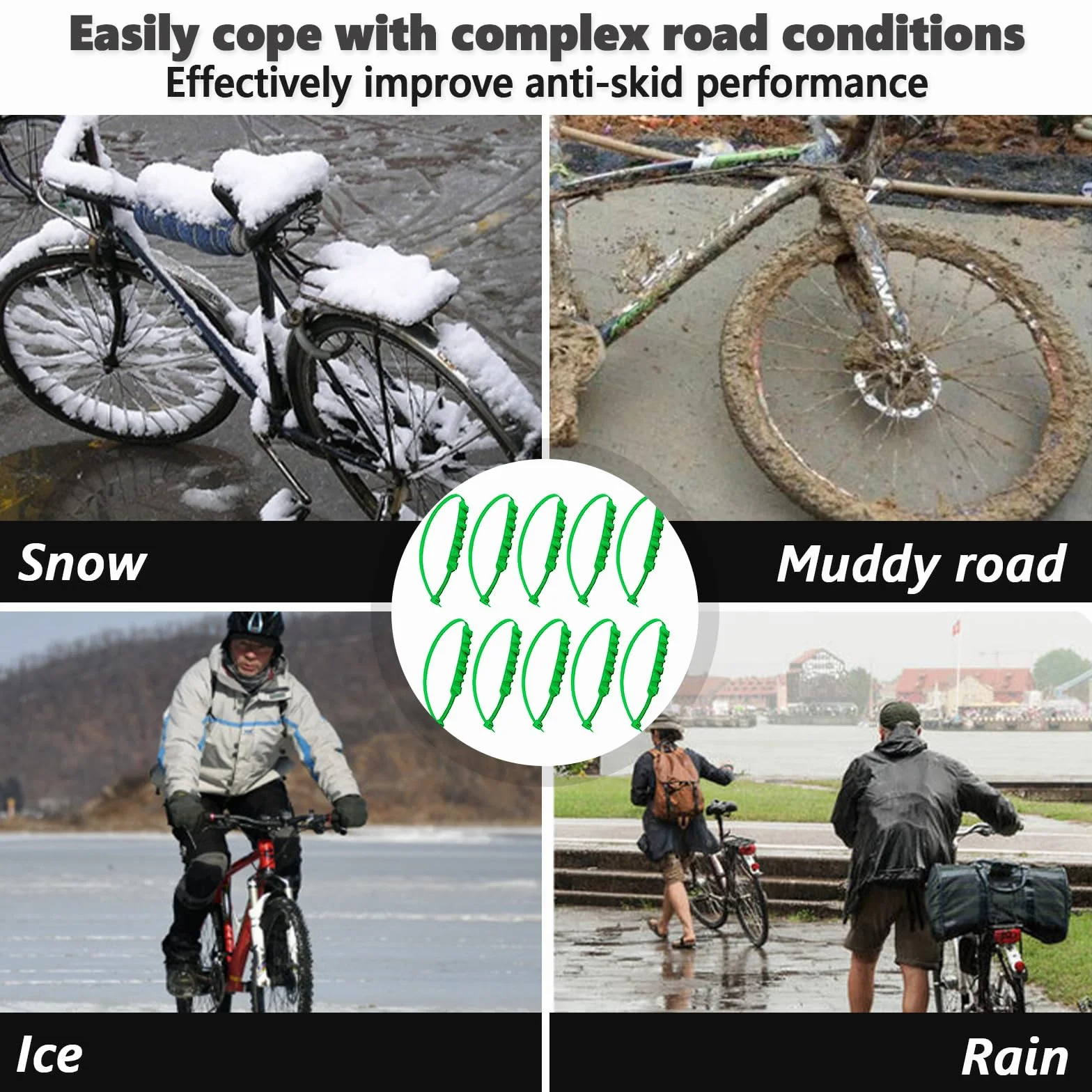 10 catene da neve per pneumatici da moto, catene da neve per pneumatici da neve, fascette per pneumatici da neve invernali, catene riutilizzabili e regolabili (verde)
