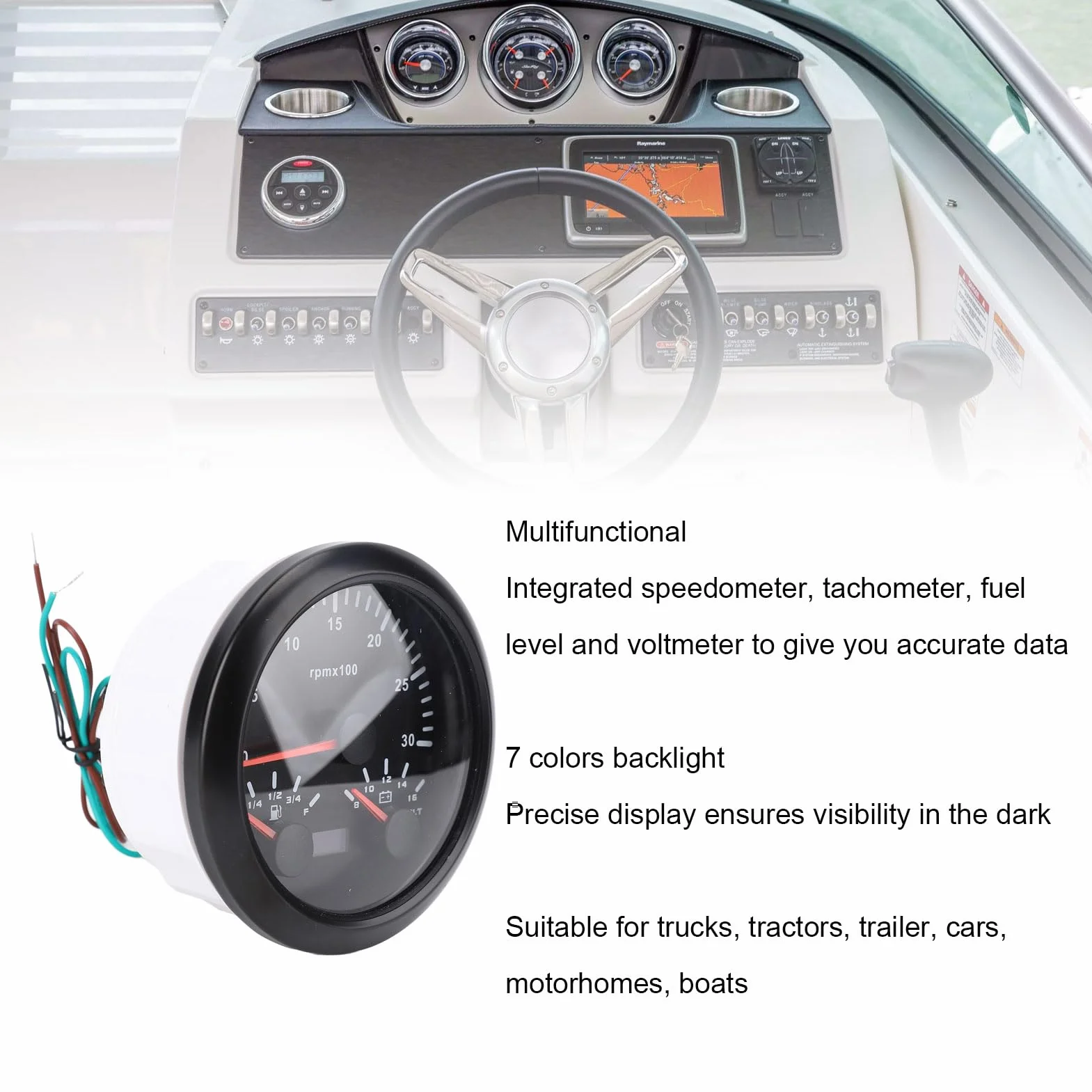 Tachometro Marino 85 Mm, Calibro Voltmetro del Carburante 3 in 1 con la Retroilluminazione di 7 Colori per la Barca per per Auto per Camion, Adatto Alla (Black Dial Black