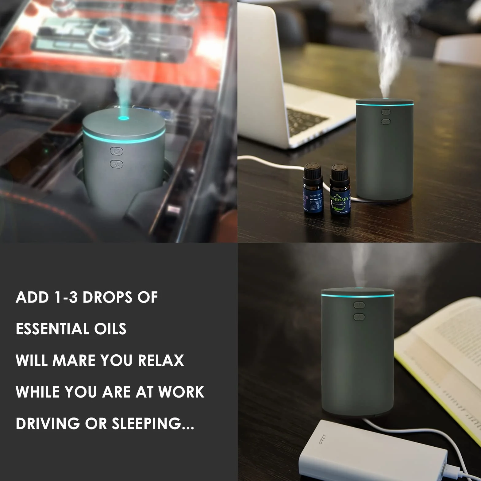 Diffusore 60ML per Auto con 4 Oli Essenziali - Umidificatore Aromaterapia USB Cool Mist Mini Portatile