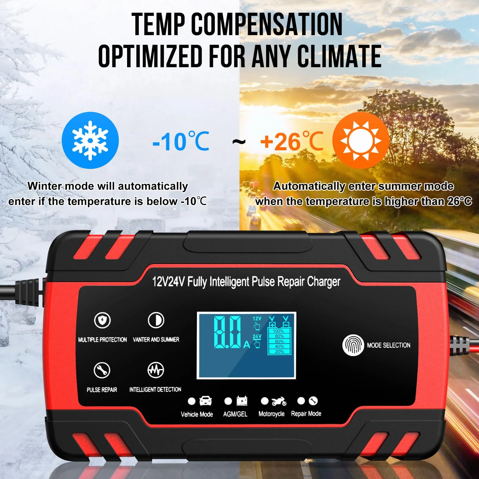 Caricabatteria da Auto 12V 24V 8A Mantenitore Intelligente Schermo LED Automatico per Moto Barche