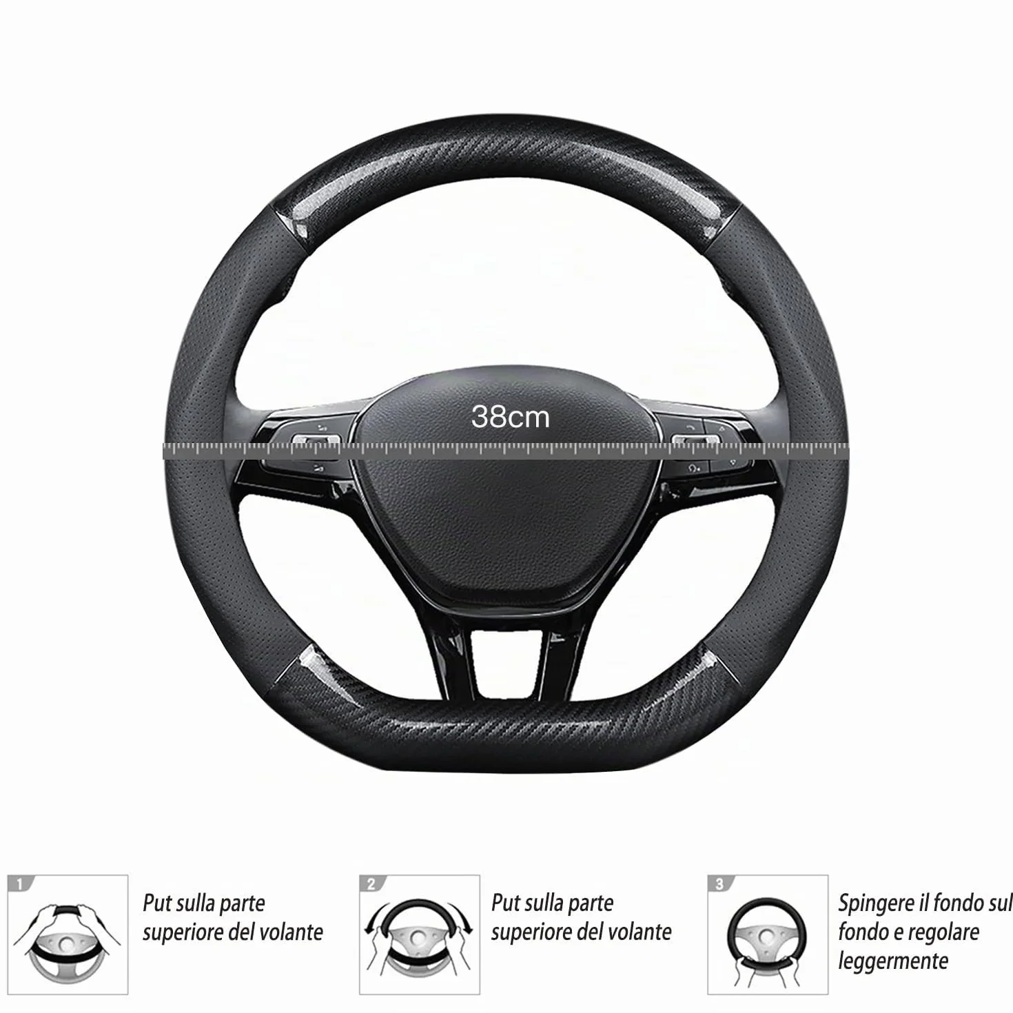 Ergocar Coprivolante Antiscivolo Protezione Volante Auto D-Forma Fibra di Carbonio Pelle PU Universale Diametro 38 Cm (15") Nero
