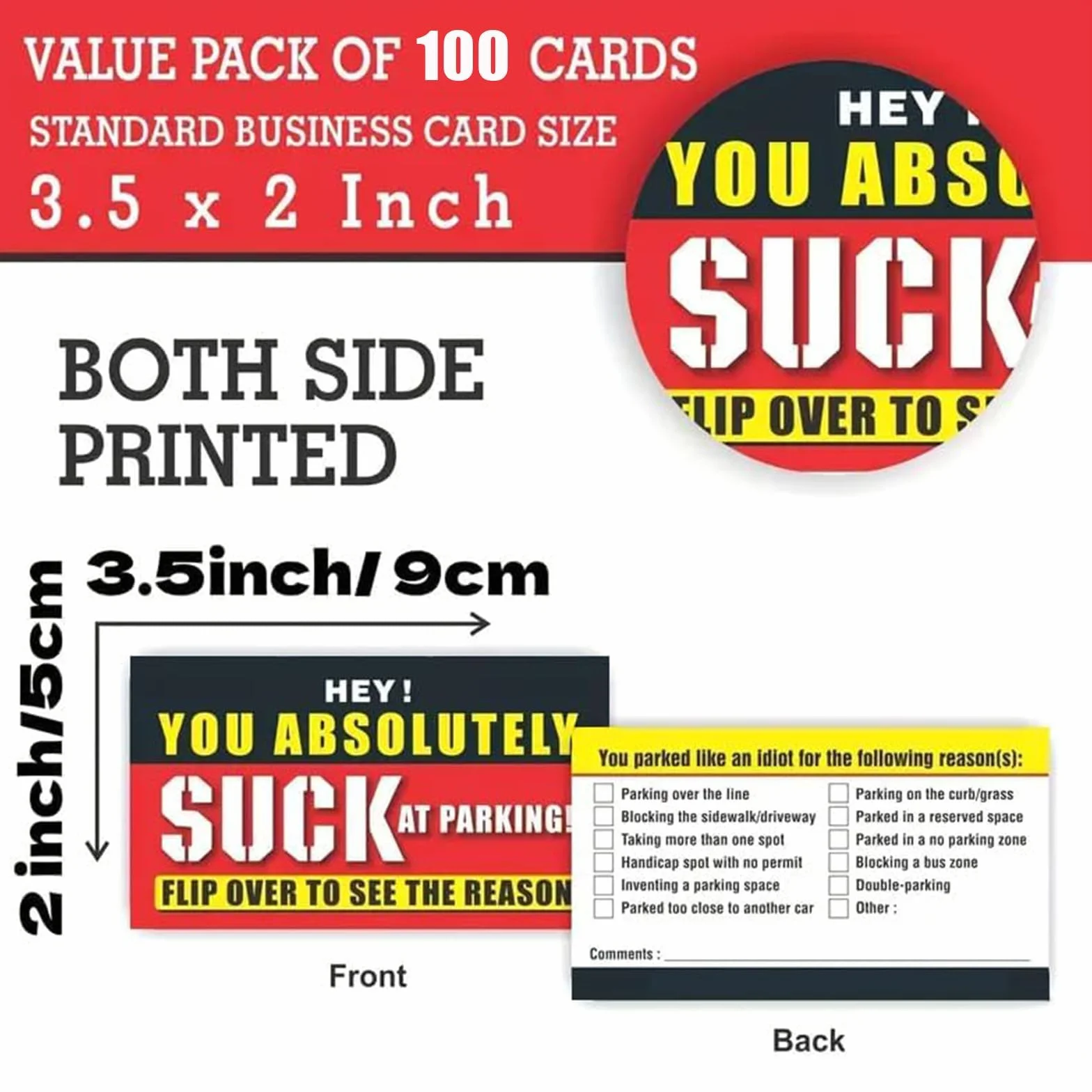 Bad Parking Cards 100 pezzi "You Absolutely Suck At Parking" biglietti divertenti violazioni parcheggio 8,9 x 5,1 cm