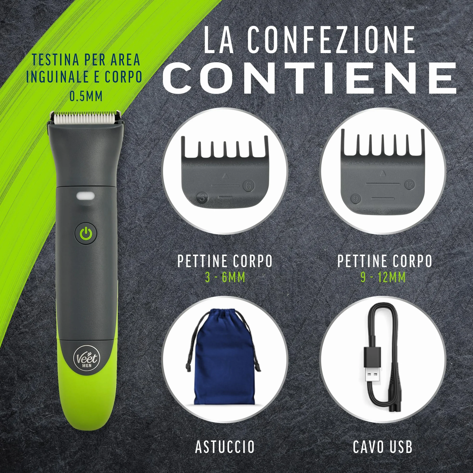 Veet Men Intimate Trimmer TOTAL PRO, Rasoio elettrico uomo corpo e parti intime, 1 testina, 2 pettini guida, Cordless