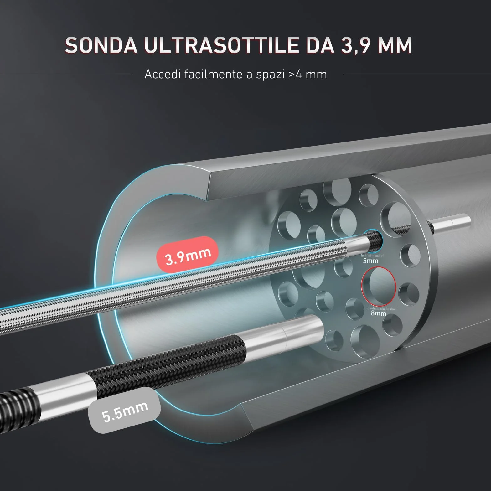 Ralcam Telecamera Endoscopica 3.9mm 5" HD IP67 Impermeabile Cavo 1.5m