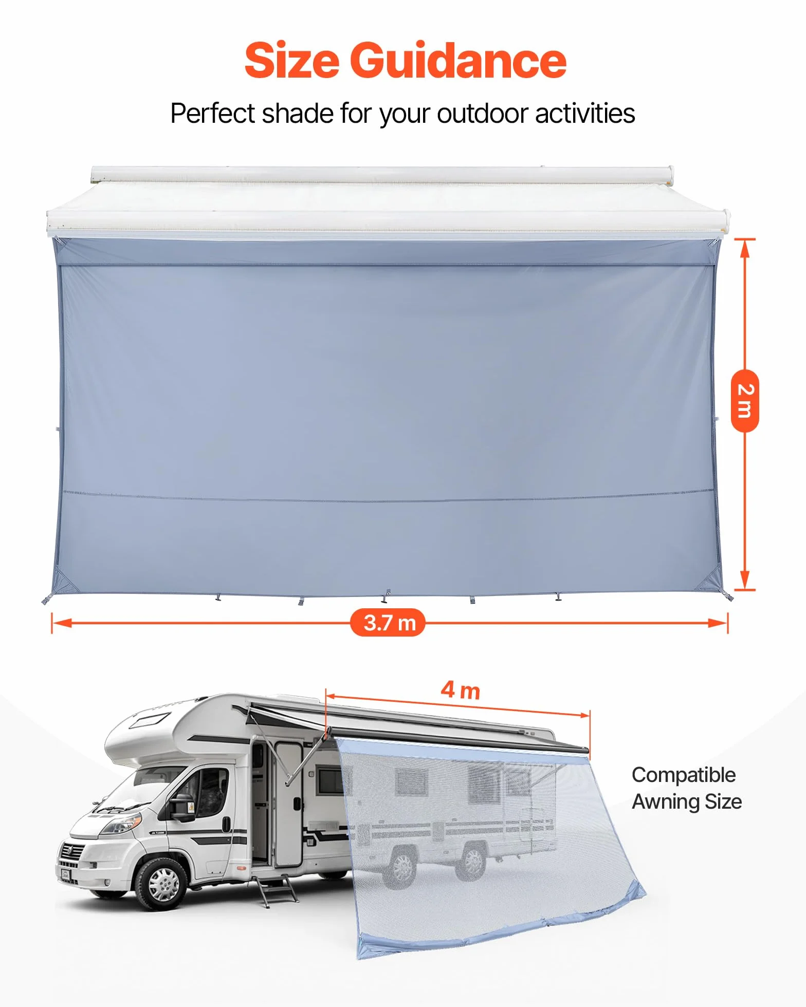 VEVOR Parasole per Camper Roulotte 2 x 3,7 m Pannello Frontale Tenda da Sole Poliestere Anti UV50+