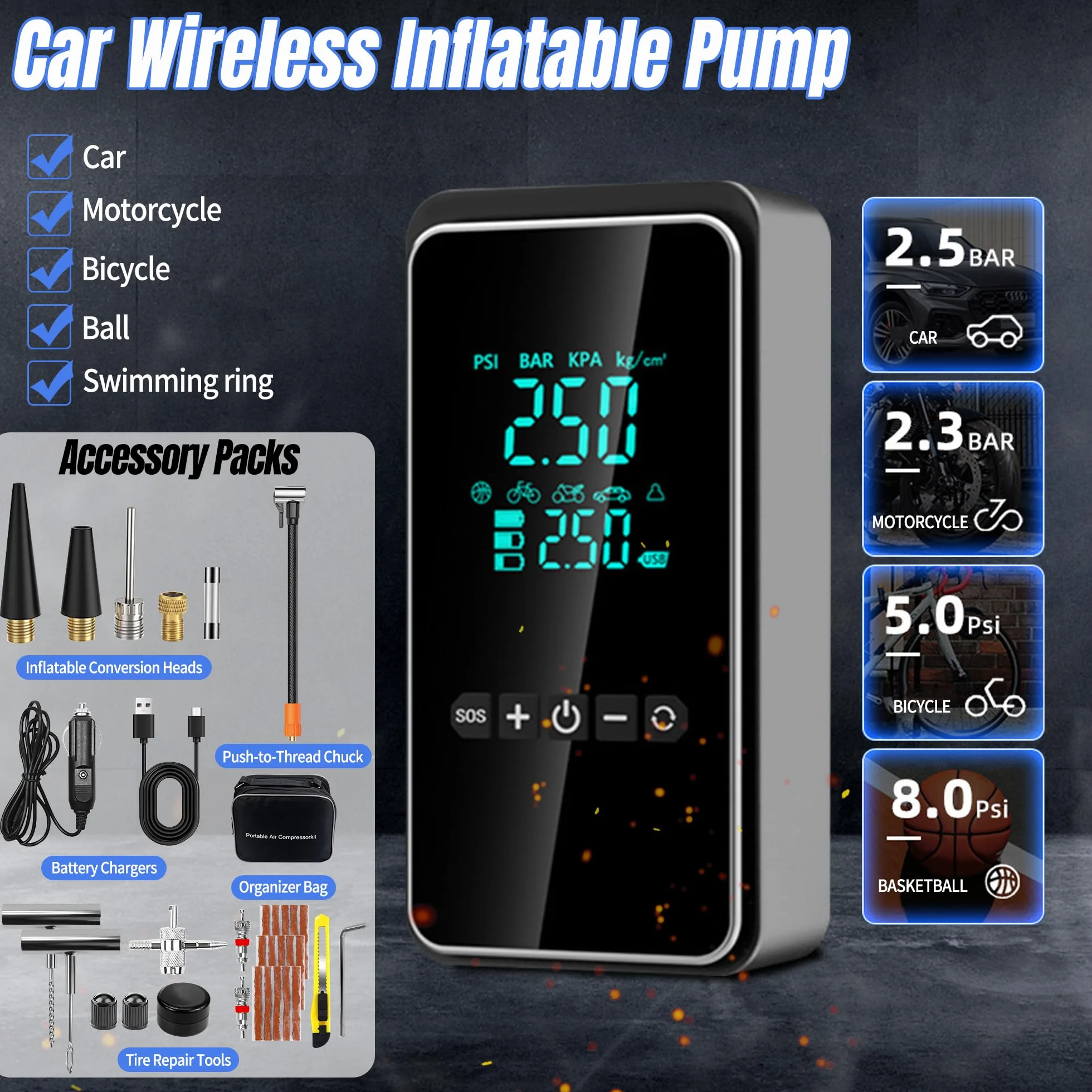 Compressore Aria Portatile Mini Gonfiatore Elettrico con Kit Riparazione 25 Pezzi per Auto Bici Moto