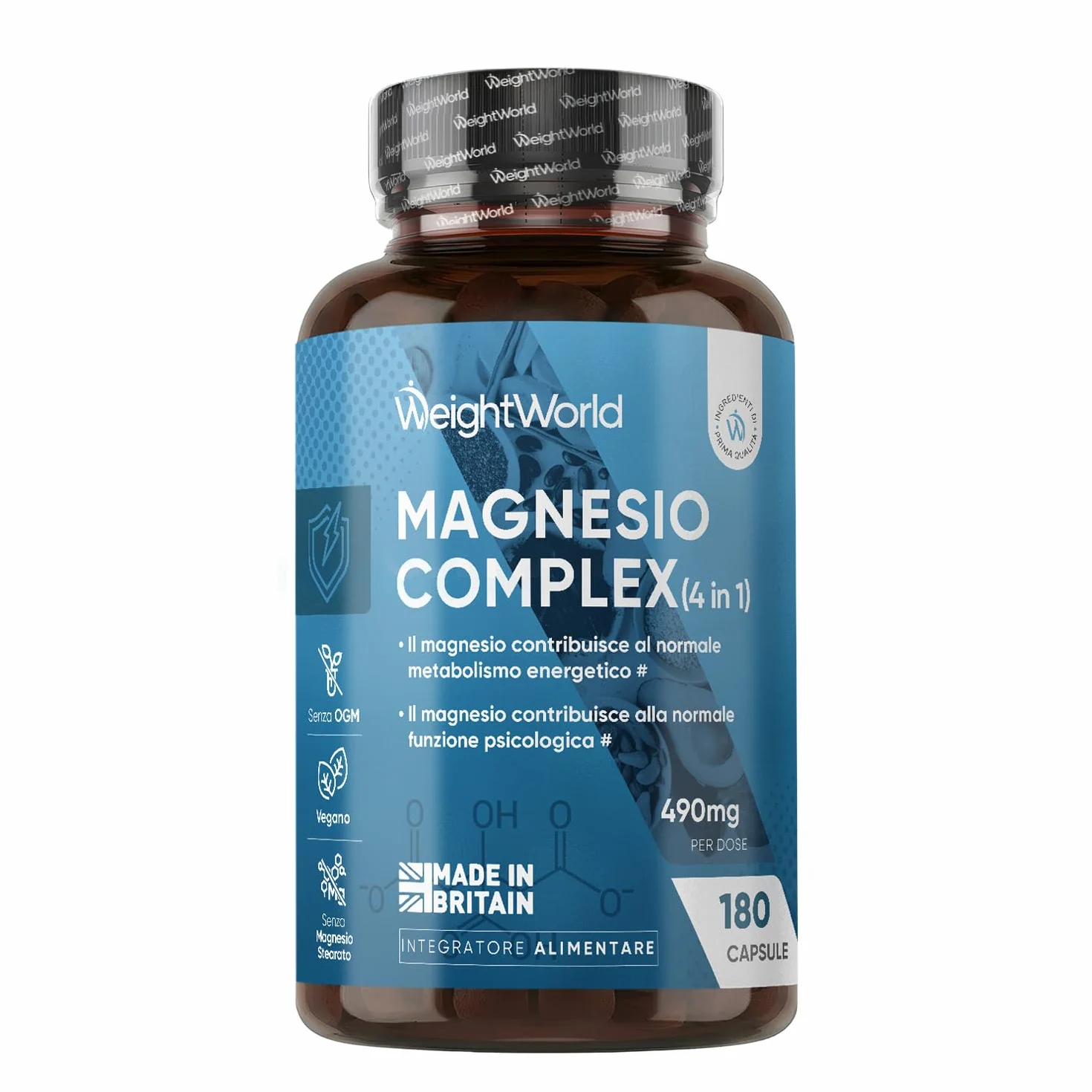 Magnesio Completo Vegano 490mg 180 Capsule, Magnesium Complex 4 in 1 con Bisglicinato e Citrato