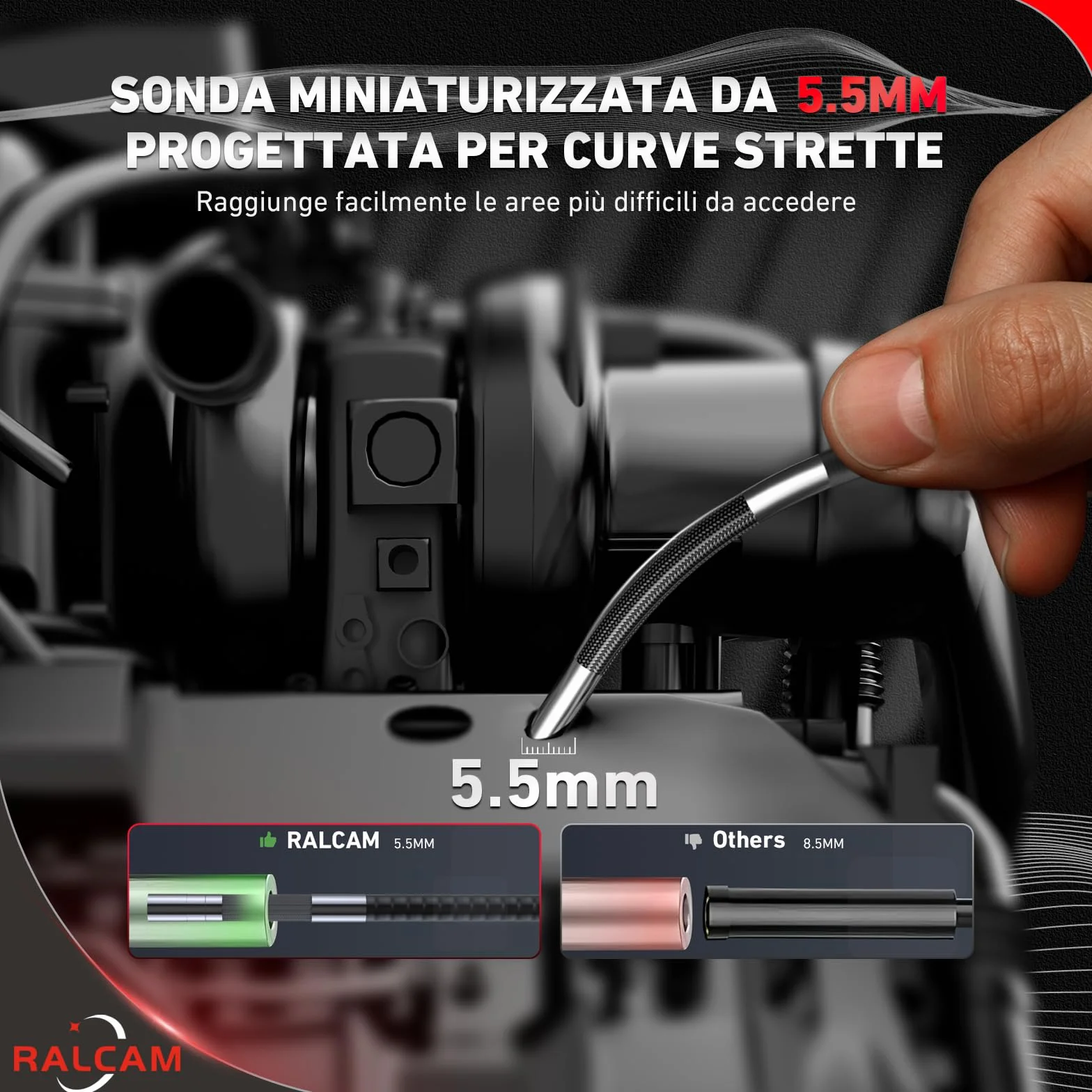 Ralcam Fotocamera Endoscopia IP67 con Testa Mobile 210°, Sonda 5,5mm, Schermo HD 5", Tubo 1,5M