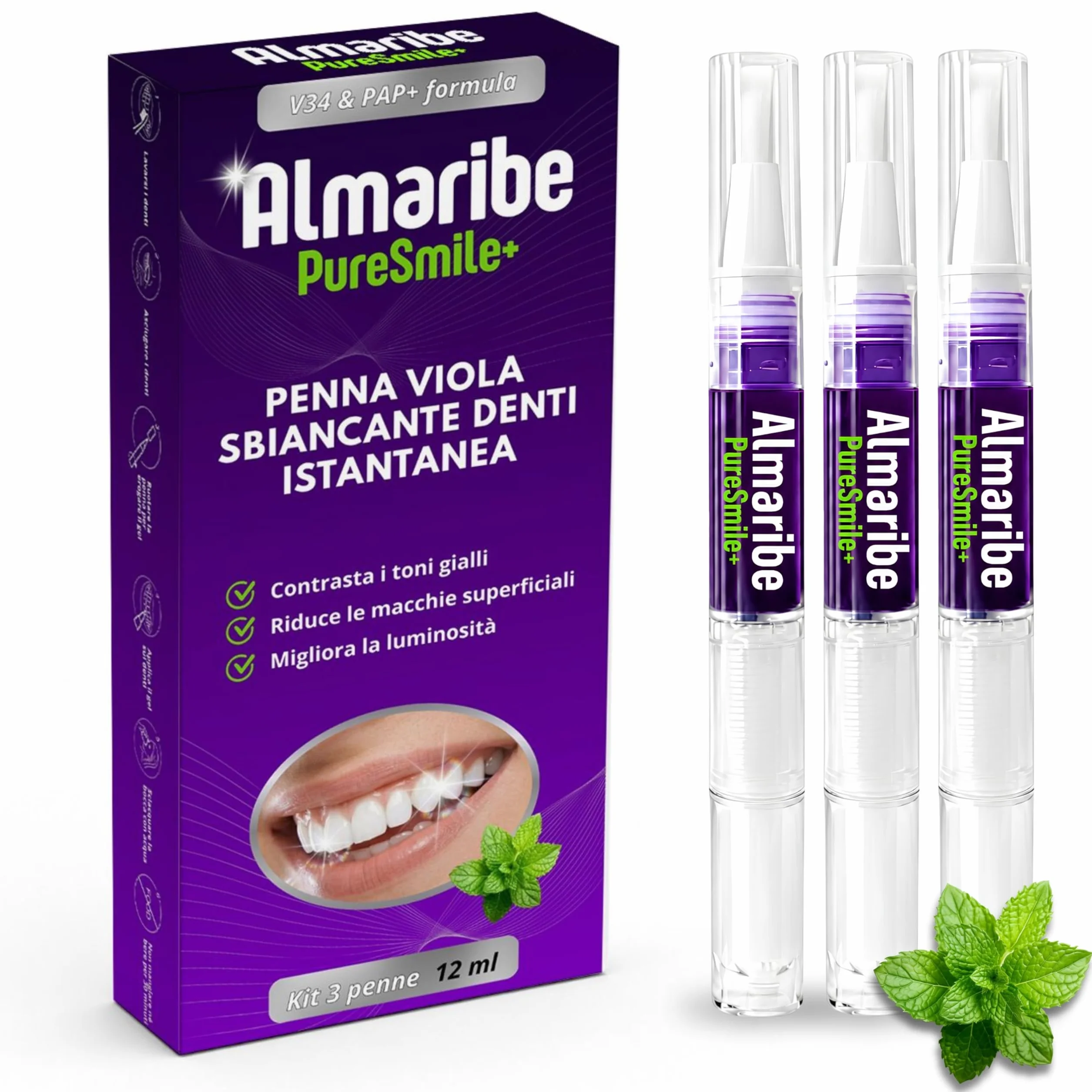 ALMARIBE PureSmile+ Sbiancante Denti Senza Perossido, Kit 3 Penne Gel 12 ml, Sbiancamento Denti professionale a Casa