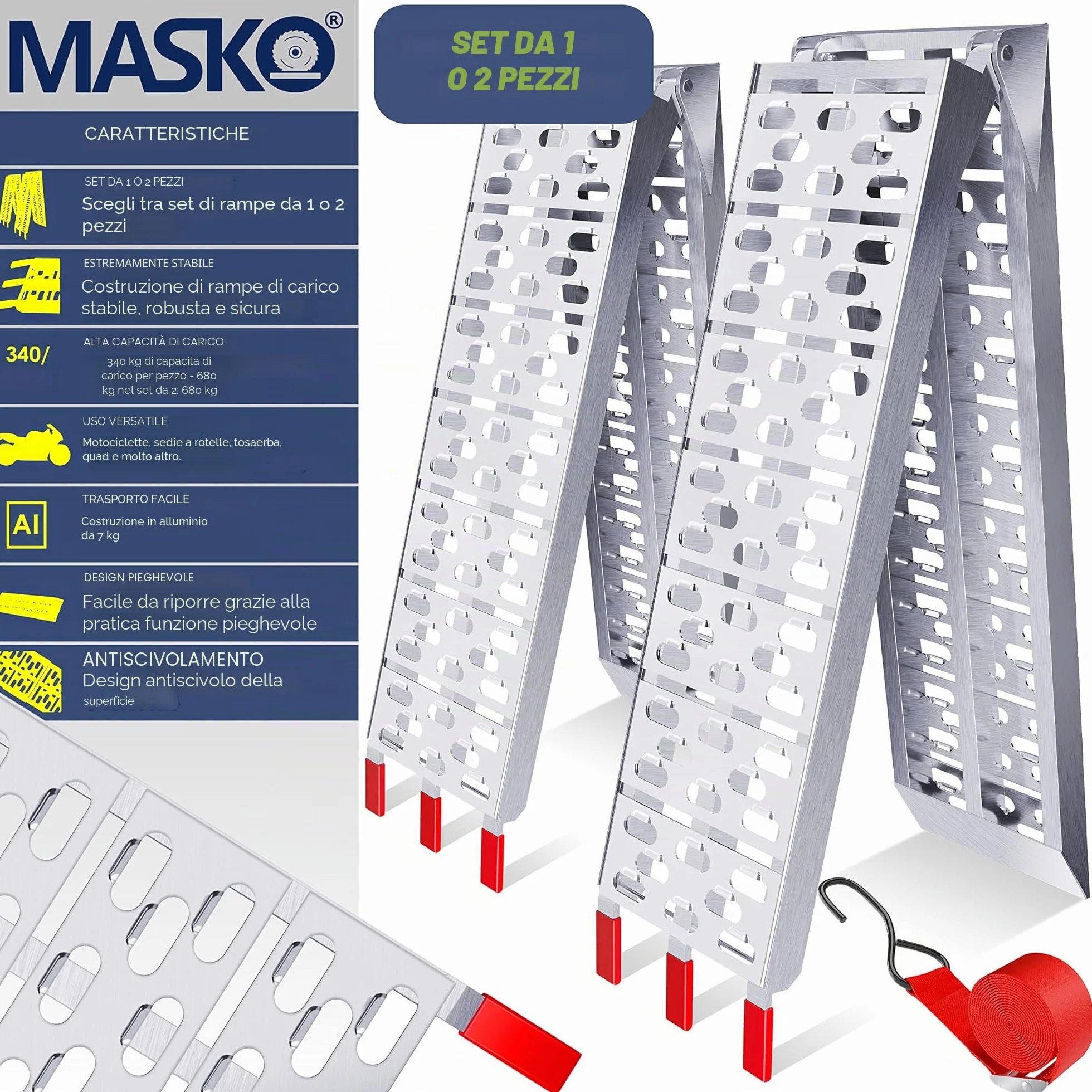MASKO® Rampa 340kg Rampa di carico ALU pieghevole Rampa di carico Antiscivolo Pieghevole max. 340kg* per pezzo, Rampa di carico moto ATV Quad Car Car