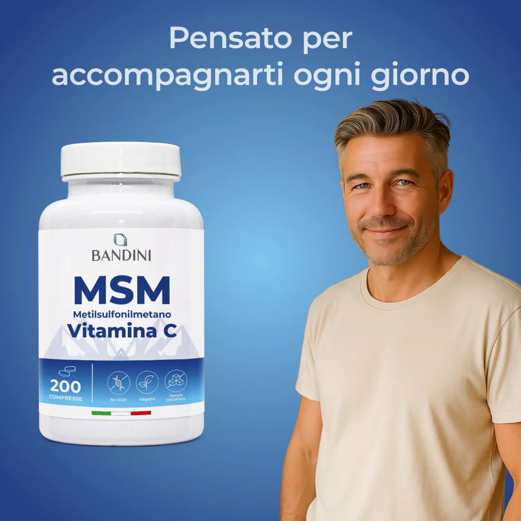 Bandini MSM 2000 mg Metilsulfonilmetano Compresse + Vitamina C Integratore Capelli Pelle Articolazioni Unghie Antinfiammatorio Muscolare Zolfo Vegan